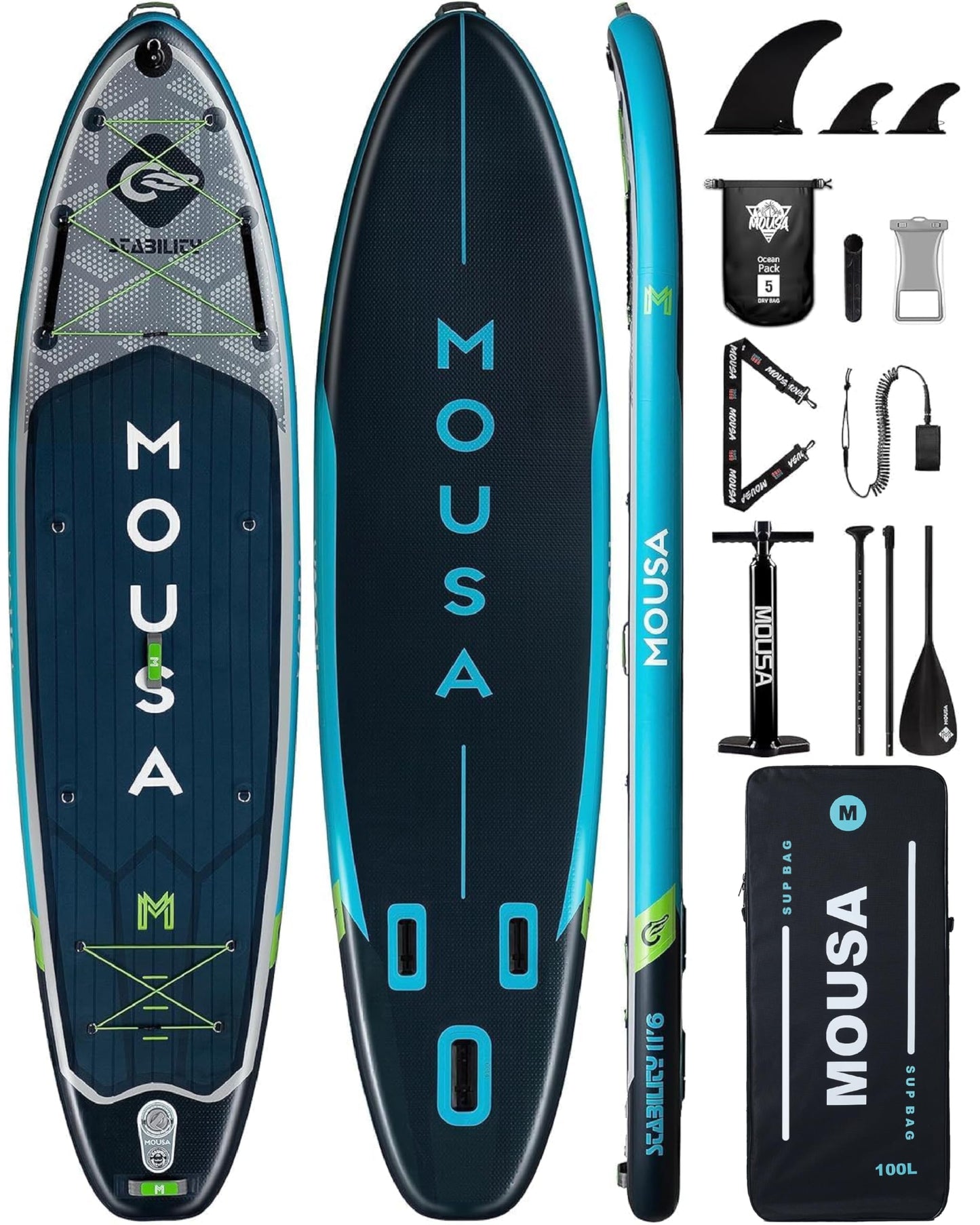MOUSA 11'6''×34" Extra Wide Inflatable Stand Up Paddle Board, Stable Long SUP for 2 People/Family, Shoulder Strap, 5 Handles, 100L Backpack, All-Round Sup Board, 3 Removeable Fin