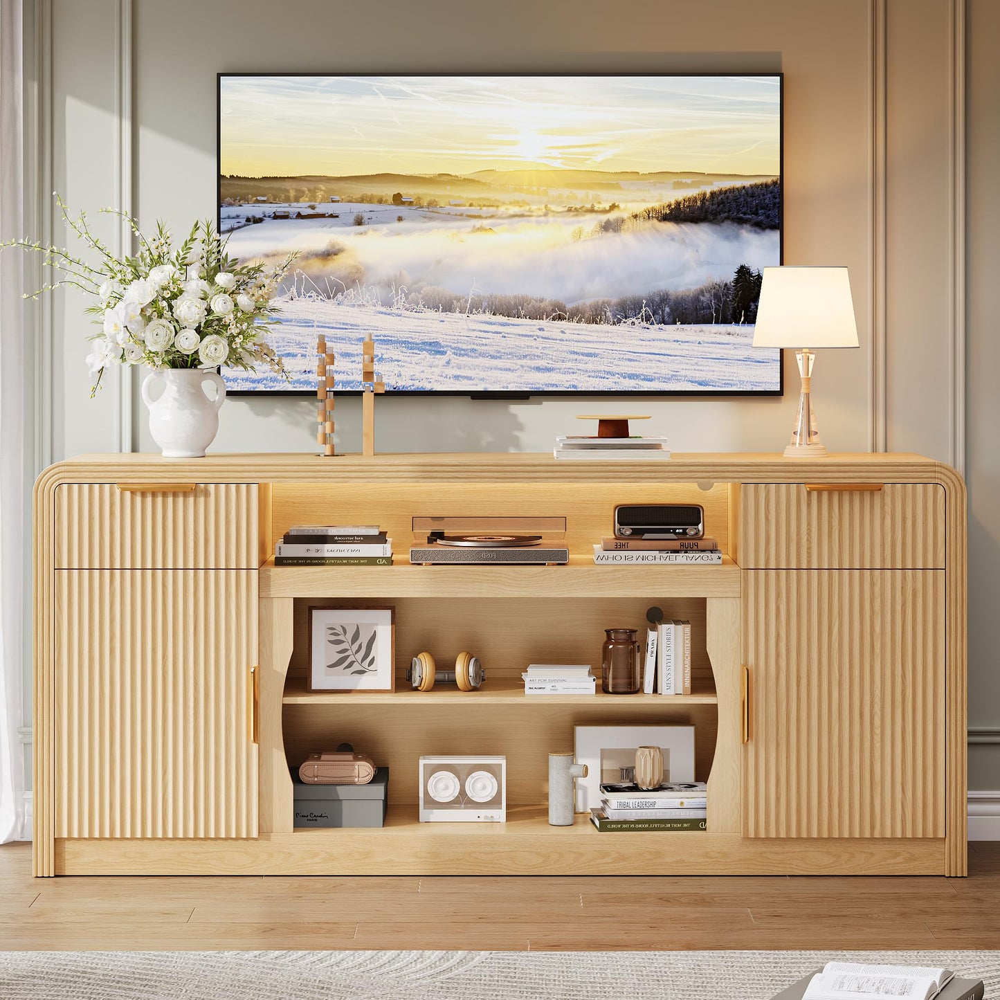 Decofy 70" Fluted TV Stand, Entertainment Center for 80" TVs, Mid Century Modern TV Console Cabinet with Wavy Grain Doors & Adjustable Shelves, Modern Media TV Console Table for Living Room (Oak)