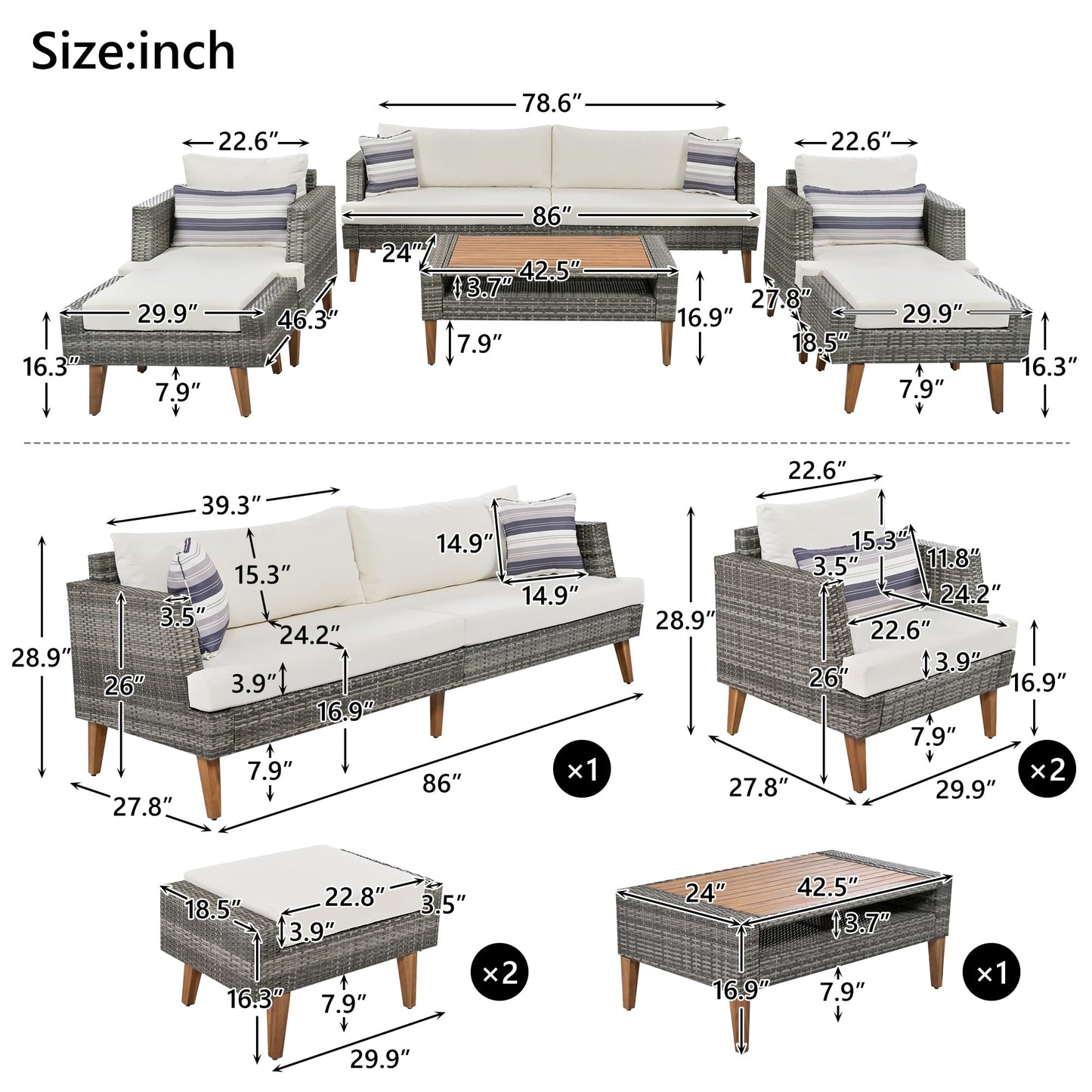 Merax 6-Piece Wicker Patio Sofa Set, Outdoor Rattan Conversation Set with Double Cushions, Solid Wood Legs and Wood Table Top