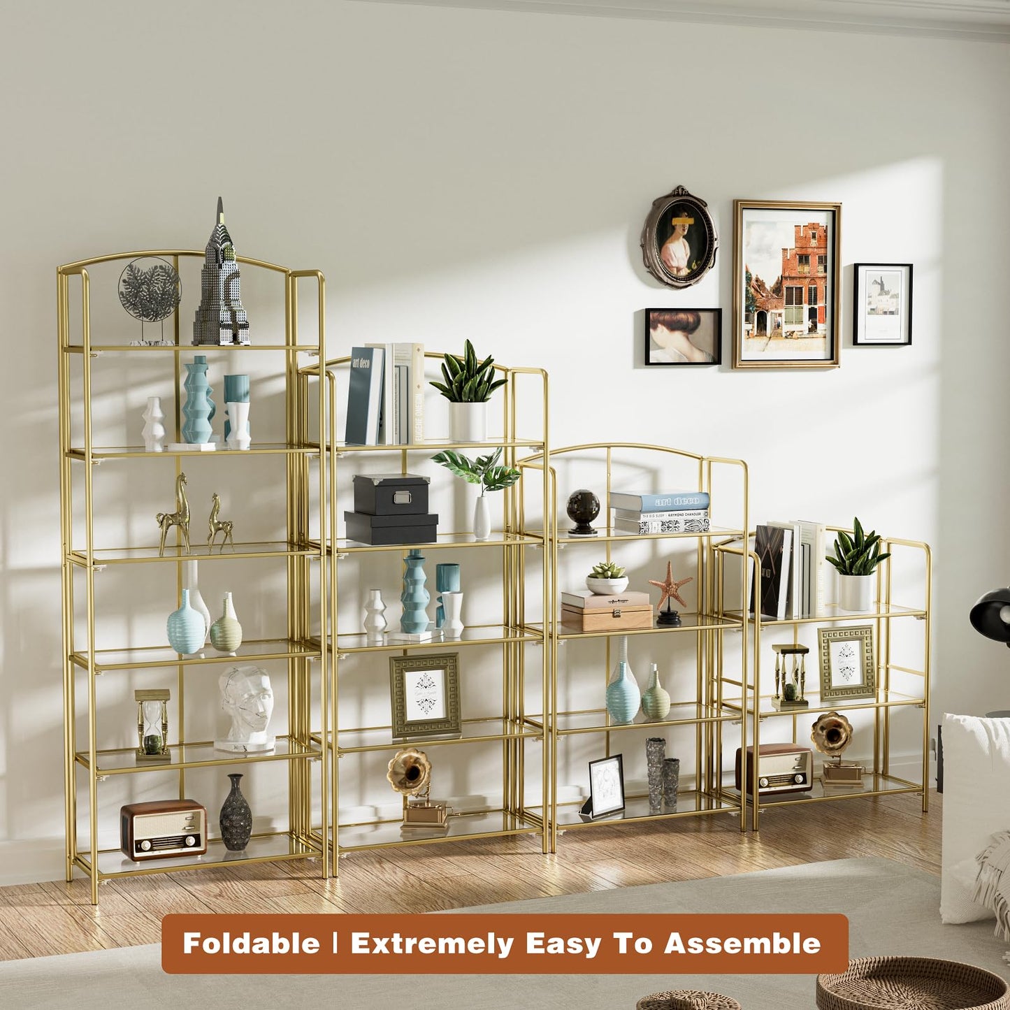 Crofy 5-Tier Wider Foldable Bookshelf, Gold Frame & Transparent Shelves