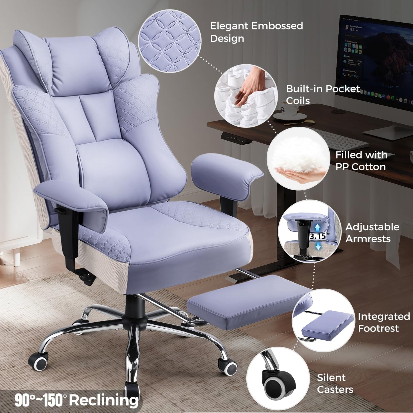 GTPLAYER Big and Tall Office Chair, Wide Ergonomic Gaming Chair with Deluxe Embossing Designed Leather with Foot Rest,150°Reclining Adjustable Soft Armrests Pocket Spring Back Support and Pillow