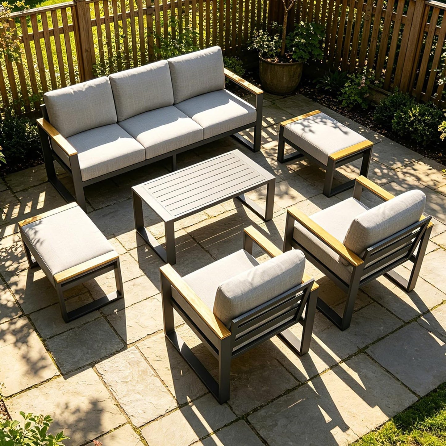 GarveeLife Aluminum Patio Furniture Set, 7 Seats Outdoor Patio Conversation Sets with Coffee Table, 6 Pieces Metal Conversation Sectional Furniture Sofa for Balcony, Garden, Deck, Backyard,Gray