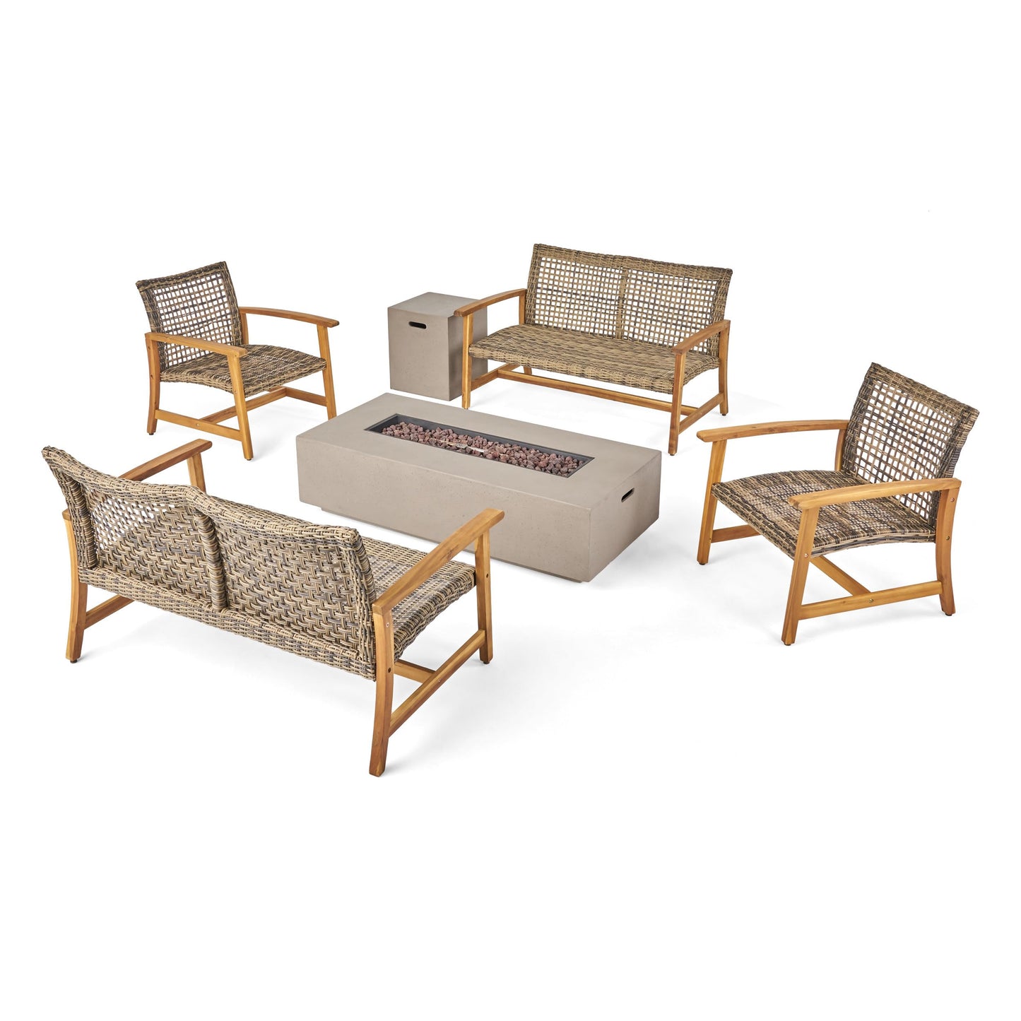 Christopher Knight Home Outdoor 6 Piece Acacia Wood and Wicker Conversation Set with Fire Pit, Gray and Light Gray