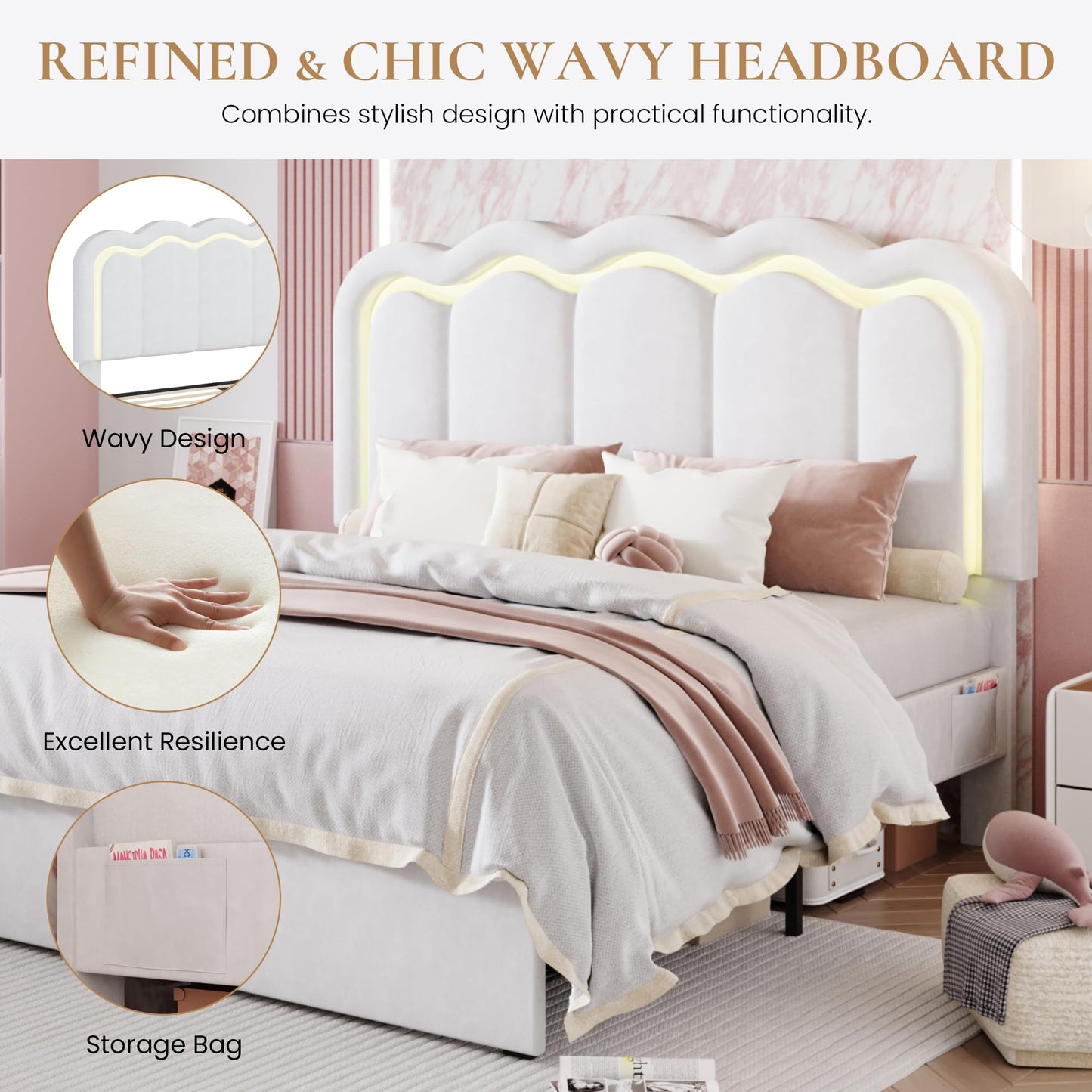 SHA CERLIN Upholstered Full Size Bed Frame with LED Lights and Large Storage Drawer, Velvet Platform Bed with Adjustable Wavy Headboard, Noise Free, Easy Assembly, No Box Spring Needed, Soft White