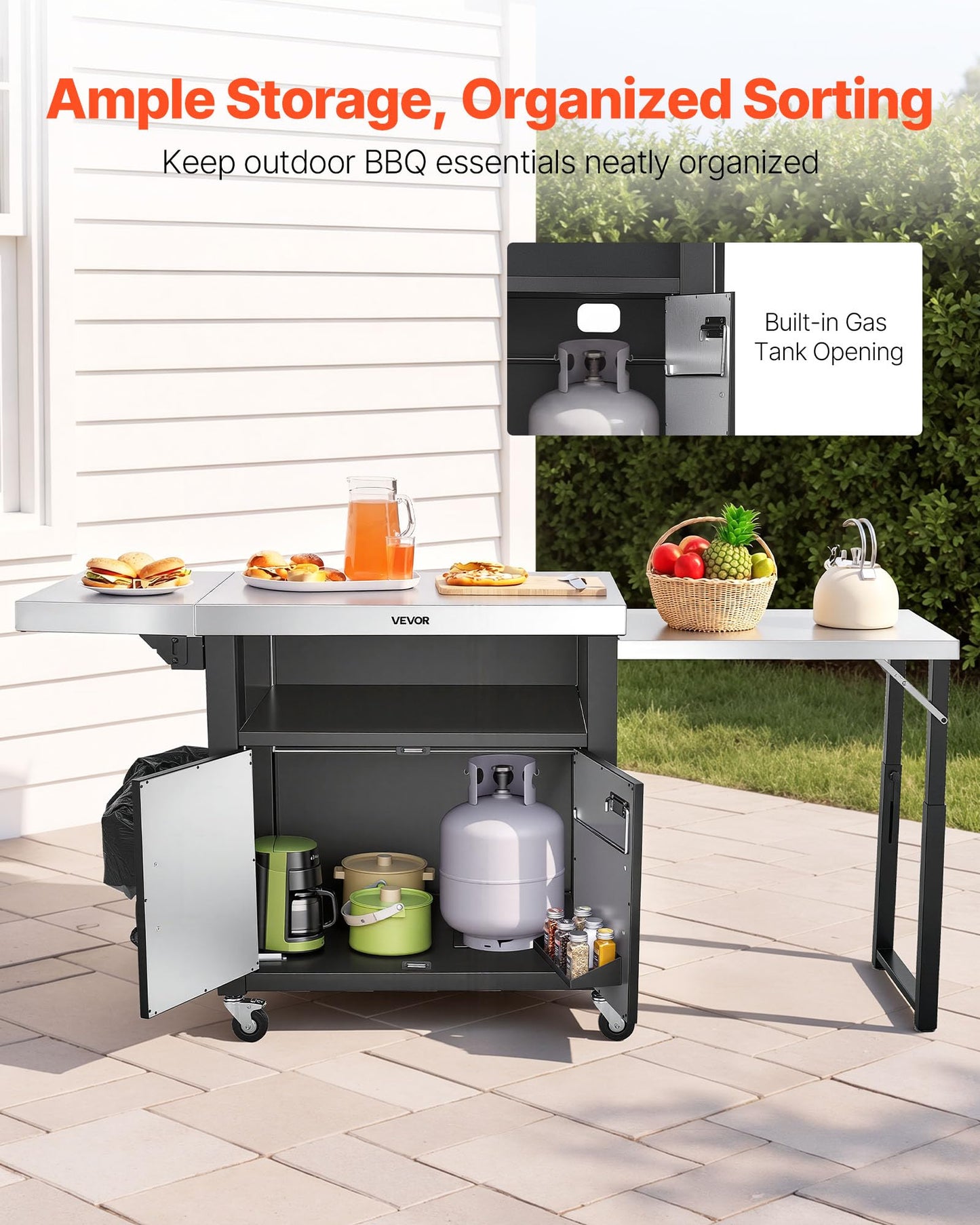 VEVOR Outdoor Grill Cart with Storage Cabinet, 74.8 Inch Grill Table, Waterproof Kitchen Island with Stainless Steel Top, Pull-Out Plate, Wheels, Movable Food Prep Station for Patio Bar Backyard BBQ
