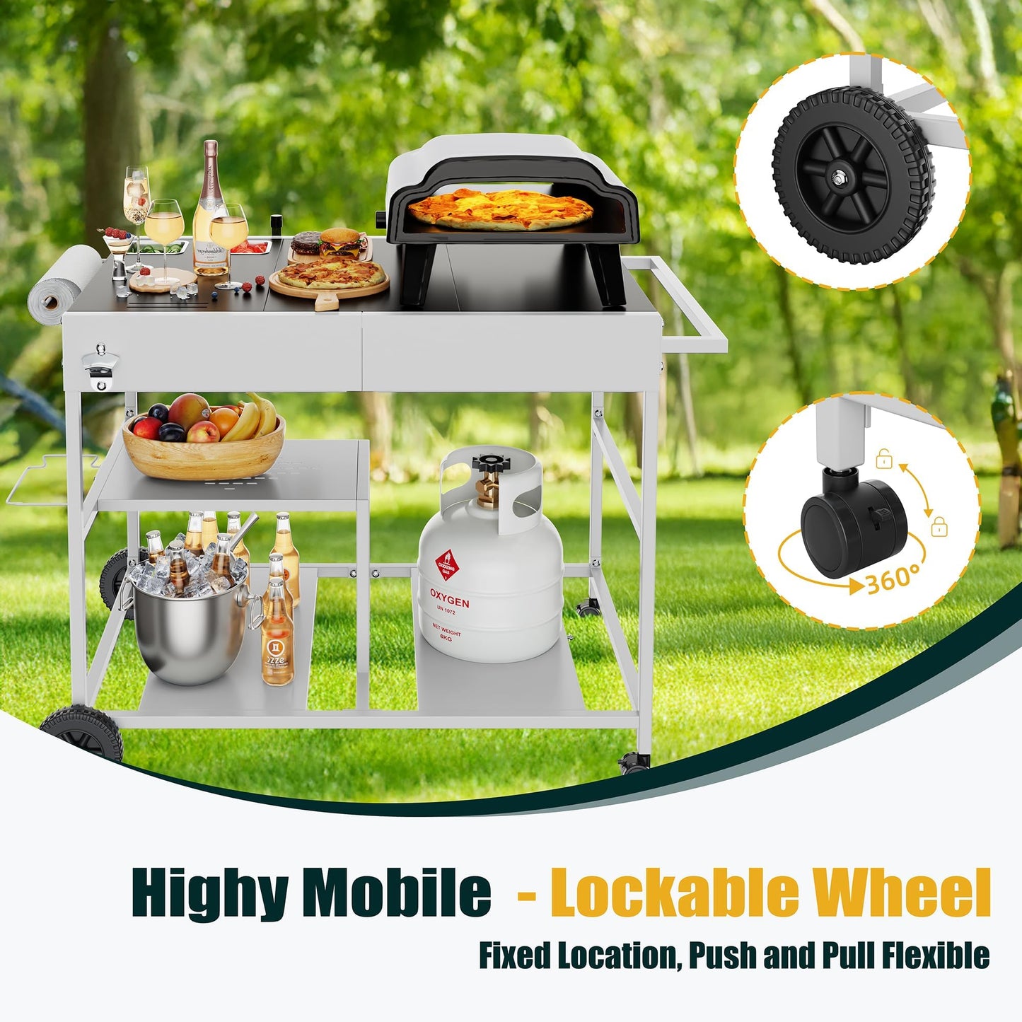 Shintenchi 24.6"x37.6" Pizza Oven Cart Table with Topping Station and Wheels, Outdoor Tabletop Grill Table Stand, Movable Food Prep Workcart Fits for Ninja Blackstone Woodfire Grill