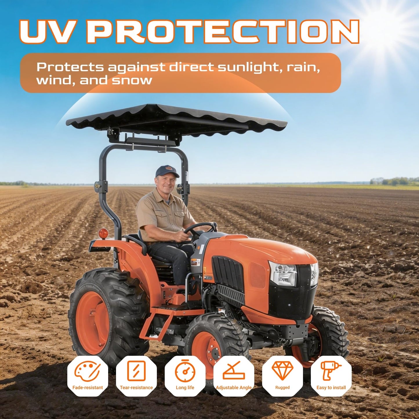 Horilorn Tractor Canopy for ROPS 42-1/8" x 37-3/8", Universal Sunshade Roof for Lawn Mowers, Adjustable Mounting Bracket, Heavy-Duty Polycarbonate Tuff Top Tractor Canopy, Non-Fading, Easy to Install