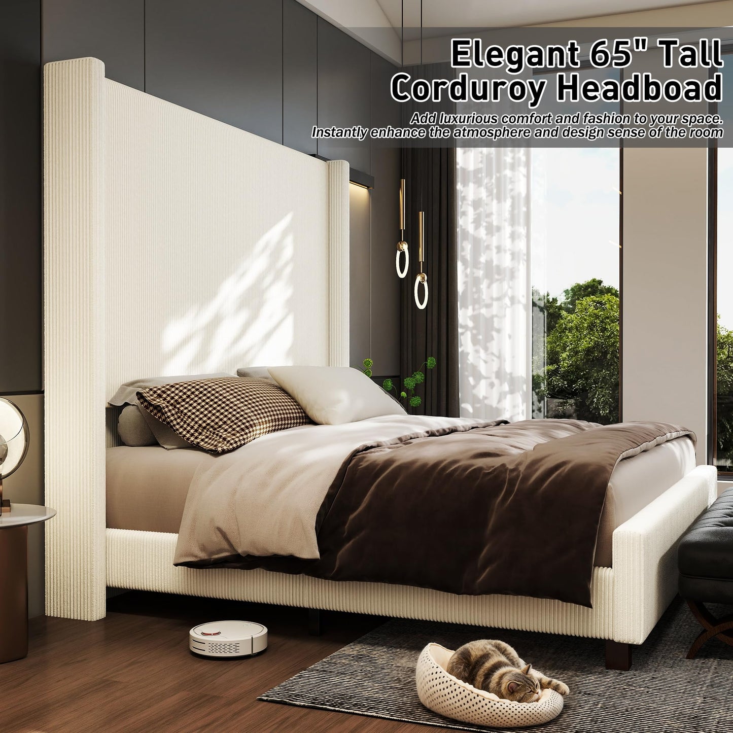 lividido Queen Size 65.2" Tall Upholstered Bed Frame with USB Charging Station,Soft Washable Corduroy Cover with Wingback Headboard, Solid Wood Legs/Noise-Free/No Box Spring Needed/Beige