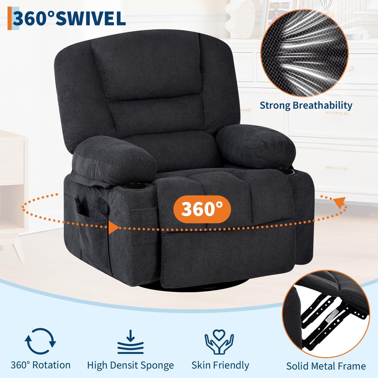 Oversized Wide Recliner Chair with Vibration Massage and Heat, 360° Swivel Recliner Glider for Adults,Chenille Fabric Manual Reclining Single Sofa with Cup Holders & Side Pockets for Living Room,Black