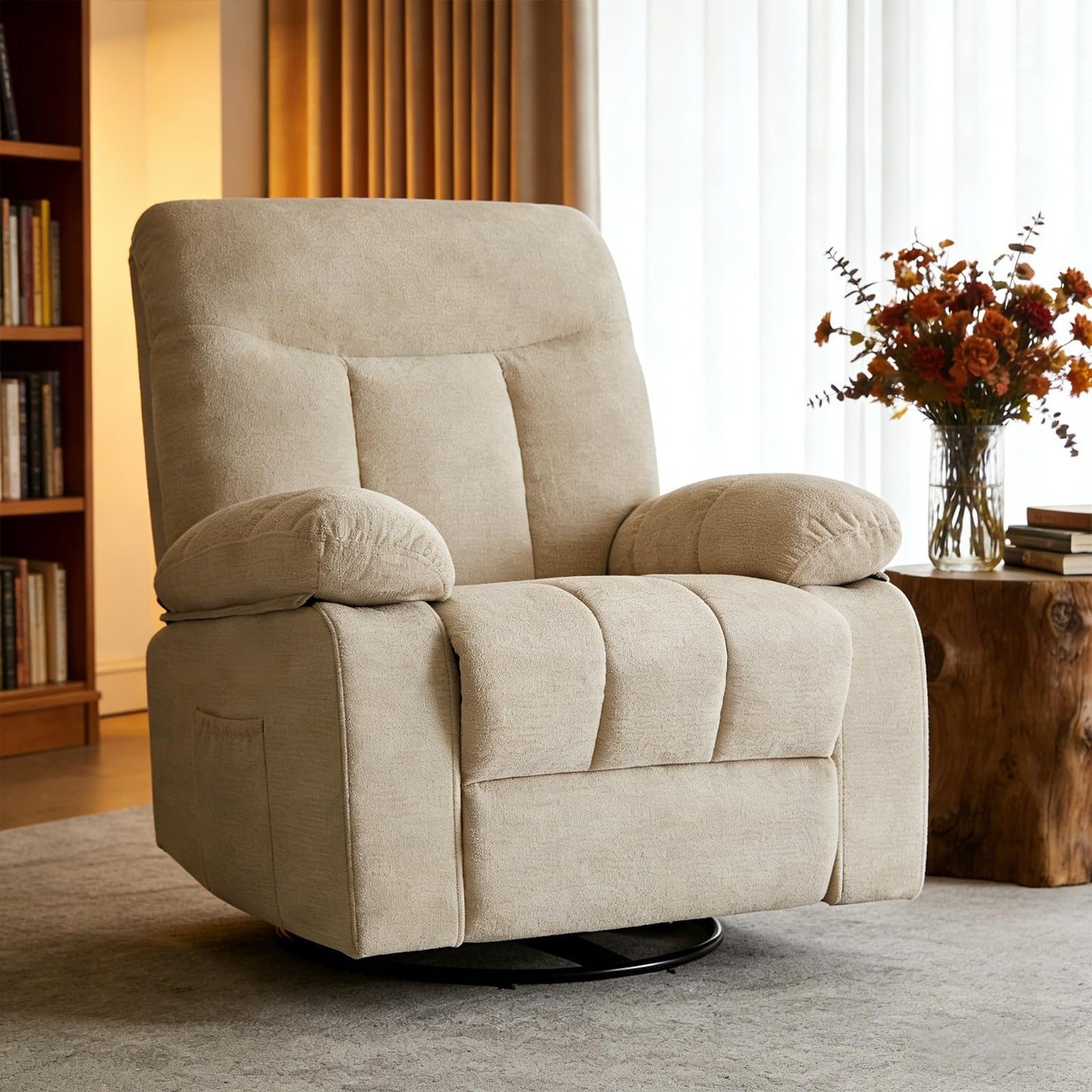 Rocker Swivel Recliner Chair for Adults, Single Reclining Sofa Chair with Heated and Full Body Massage, Lounge Recliner Glider for Small Living Room, Bedroom, Beige