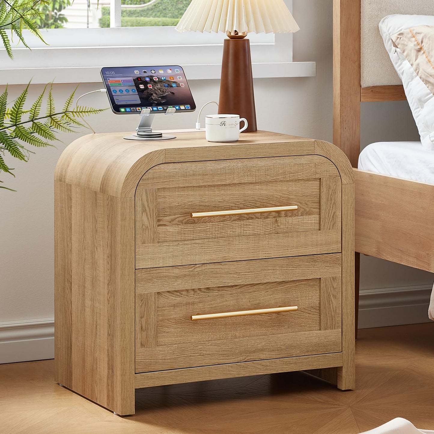 JINVICJIASI Night Stand Set 2 with Charging Station, Curved Modern Nightstand with 2 Drawers & Metal Handle,22" Mid Century Side End Tables, Thick Desktop Bedside Table Storage Cabinet for Bedroom