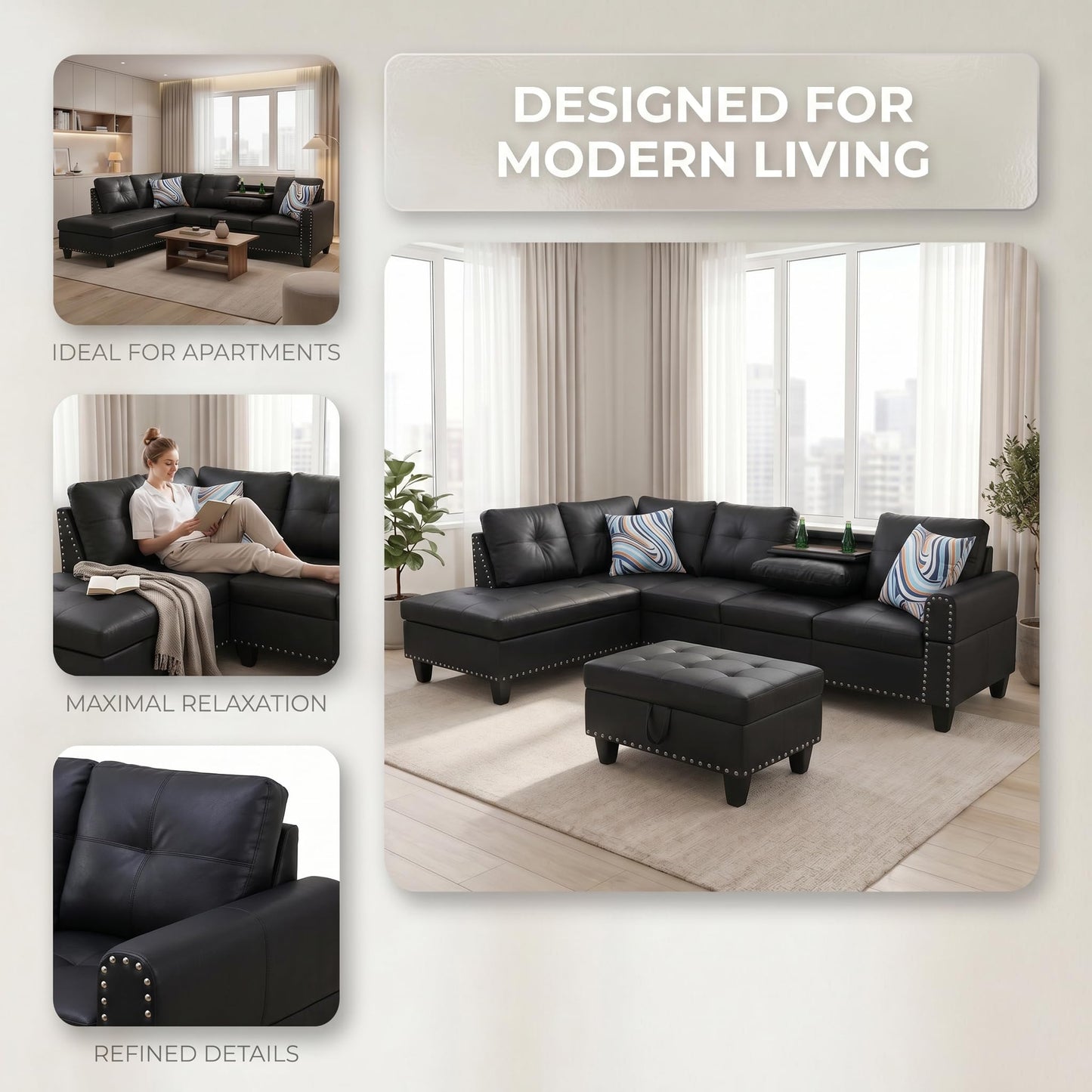 Trygoal 97.5" L-Shaped Modular Sectional Sofa with Movable Chaise & Storage Ottoman, 3 Piece Convertible Leather Couch, 4 Seat Gloss Black Living Room Furniture Set for Apartment Home Office