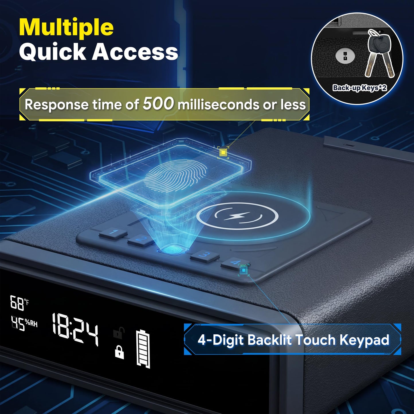 ORARAER Biometric Gun Safe with Wireless Charging, 12-Hour Clock Display & Adjustable Brightness, Bedside Pistol Safe with Fingerprint, Backup Key, LED Light & Humidity Monitor，Ideal Gift for Men