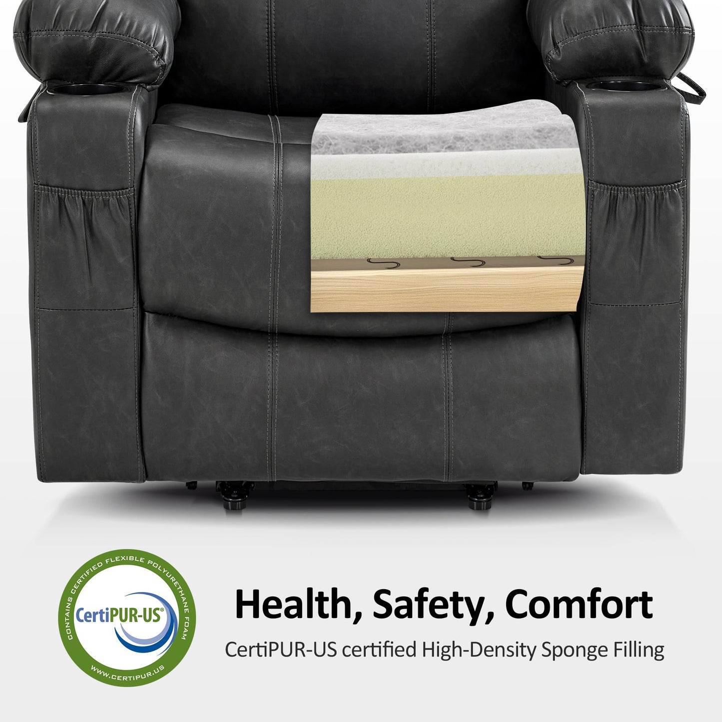 MCombo Electric Power Lift Recliner Chair Sofa with Massage and Heat for Elderly, 3 Positions, 2 Side Pockets, and Cup Holders, USB Ports, Faux Leather 7040 (Grey, Medium)