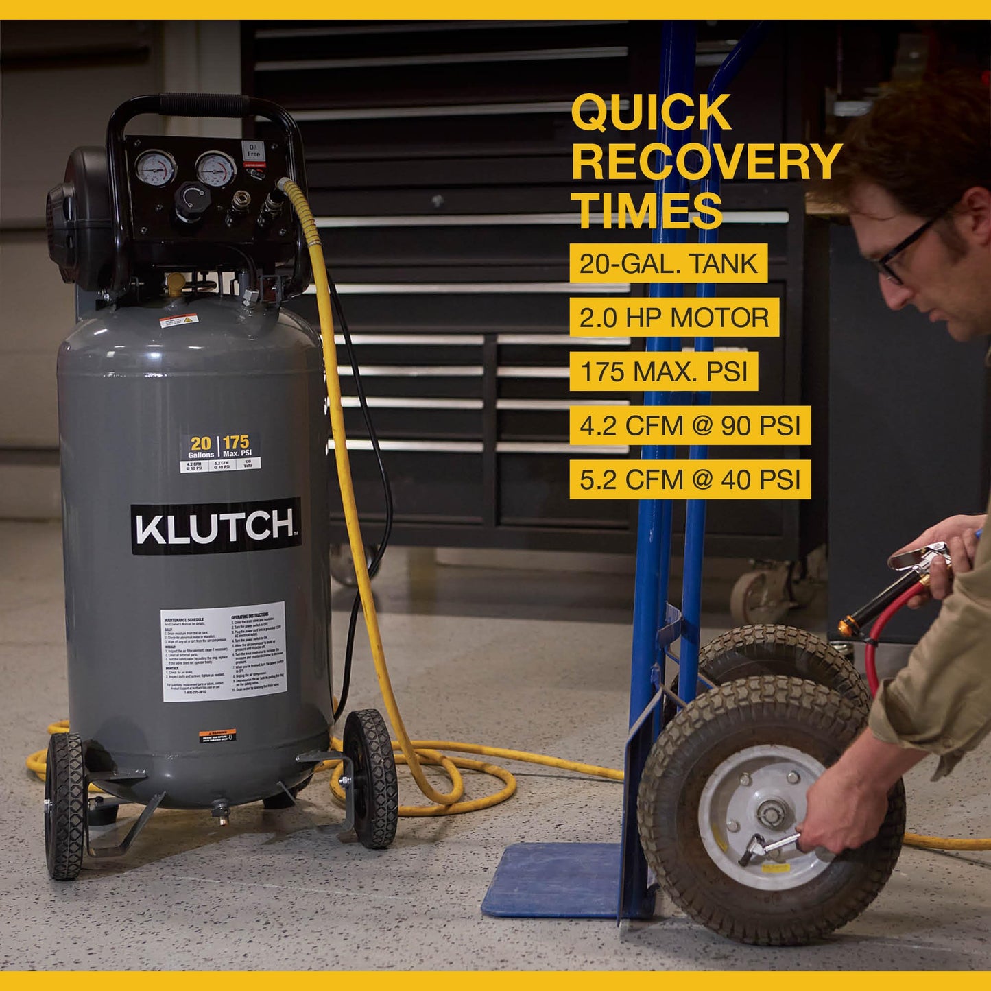 Klutch 20-Gallon Air Compressor, 2 HP, 120 Volts, 175 PSI