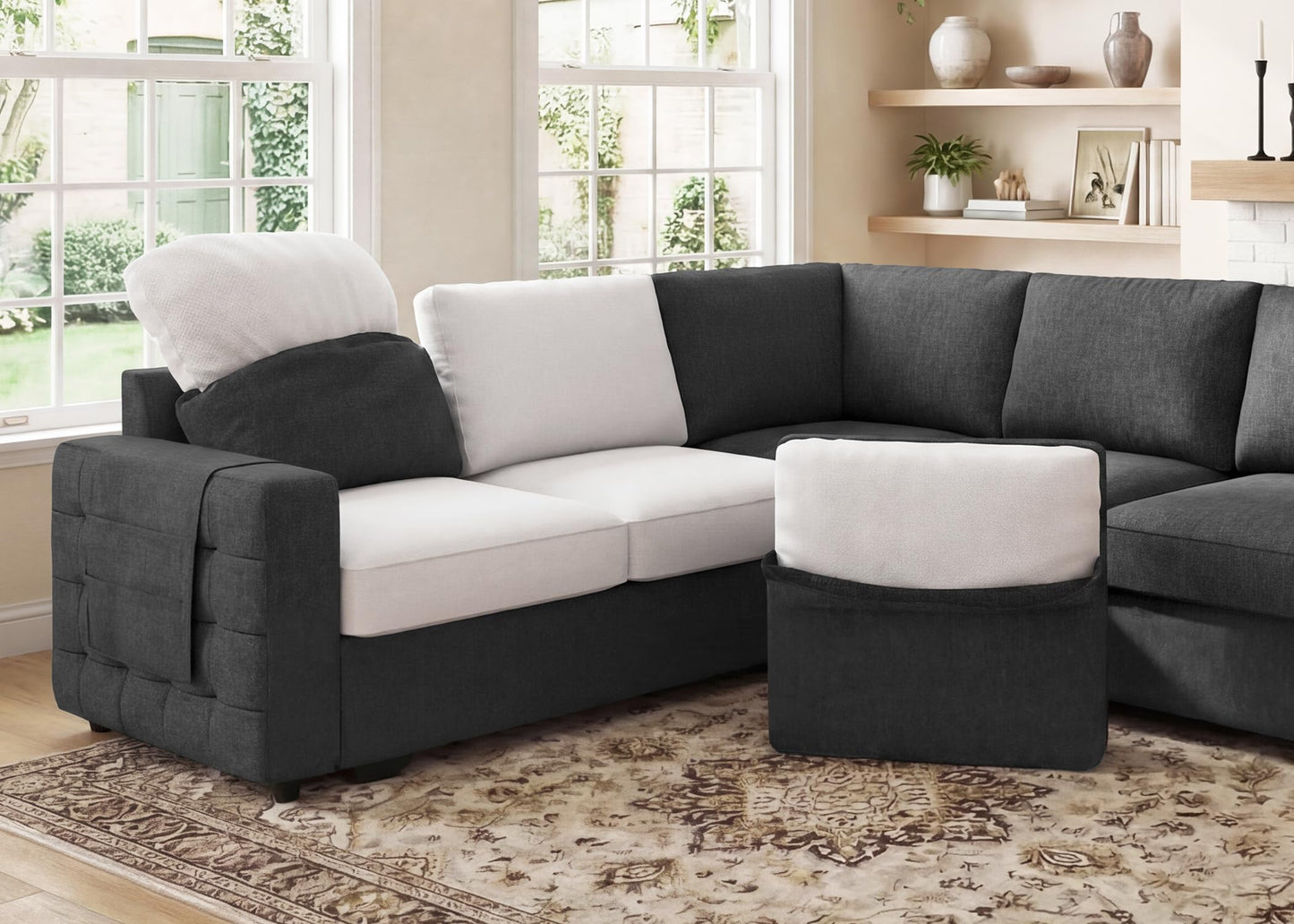 HONBAY Sectional Couch with Pull Out Bed, Sectional Sleeper Sofa with Storage, U Shape Couches for Living Room, Dark Grey