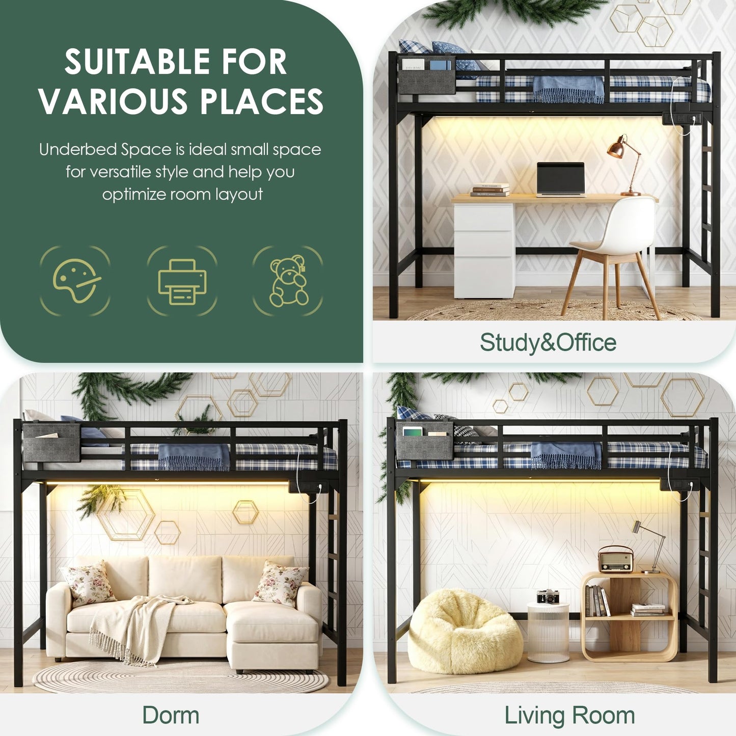 Twin XL Loft Bed with Charging Station & LED Lights, Heavy Duty Metal Bed Frame with Storage Pocket, Ladder and Guardrail Reinforced Twin XL Loft Bed Space-Saving for Adults, Guest Room, Dorm, Black