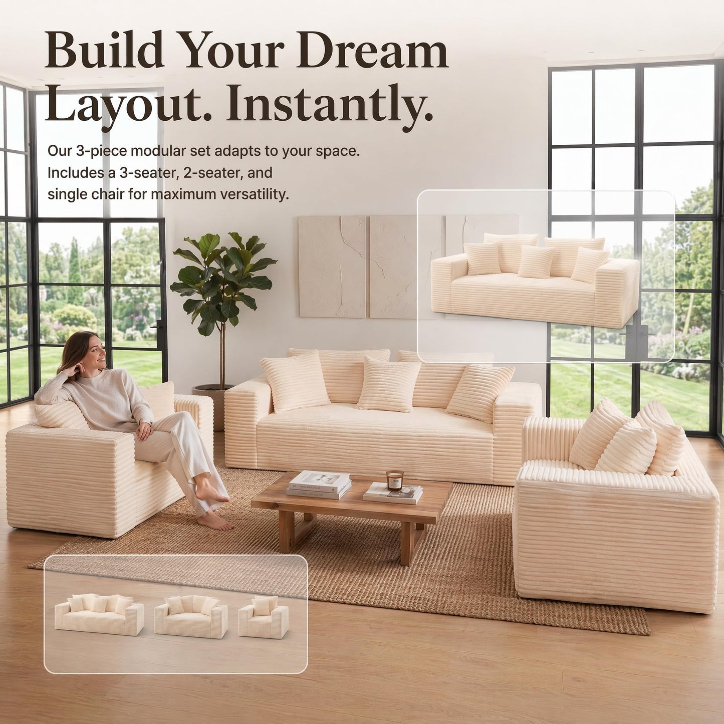 Trygoal 3-Pieces Sectional Boneless Couch Set for Living Room, Oversized Couch Including 3-Seater & 2-Seater & Single Chair, Deep Seat Sofa Set with Armrests & Pillows,No Assembly Required, Beige