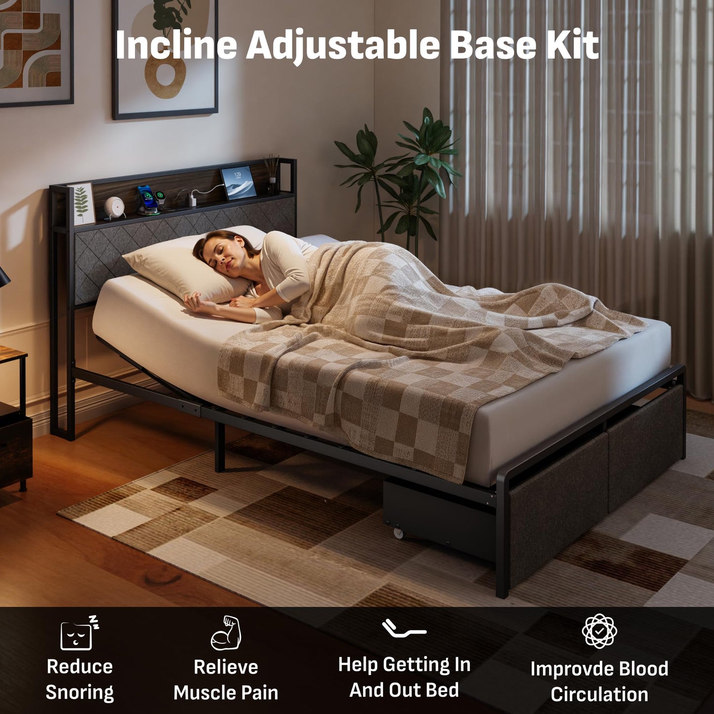 Softa Queen Adjustable Bed Frame with Storage Headboard and Charging Station, Power Head Lift with 2 Footboard Drawers, Upholstered Metal Frame, No Box Spring Needed