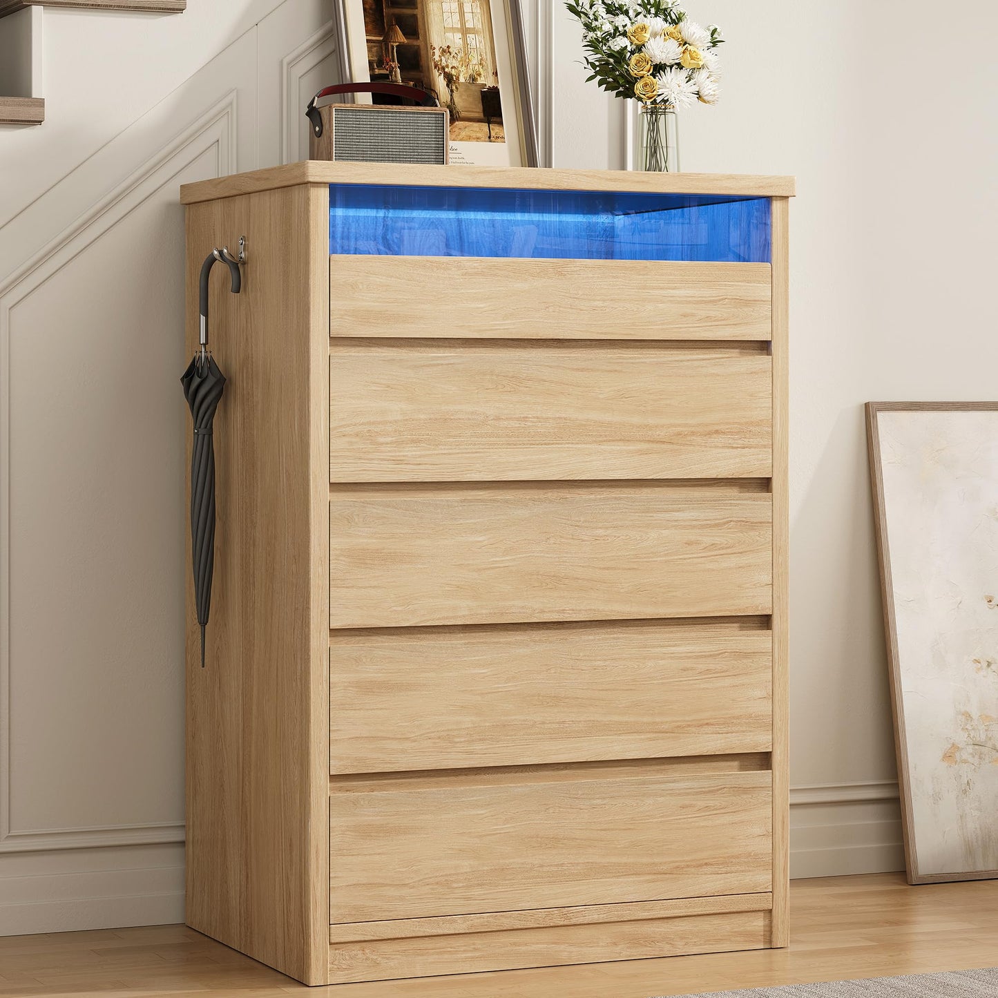 Jocoevol 5 Drawer Dresser for Bedroom with LED Light, Modern Chest of Drawers with Hidden Handles, Tall Wooden Dresser Closet for Living Room, Entryway, Hallway - Oak