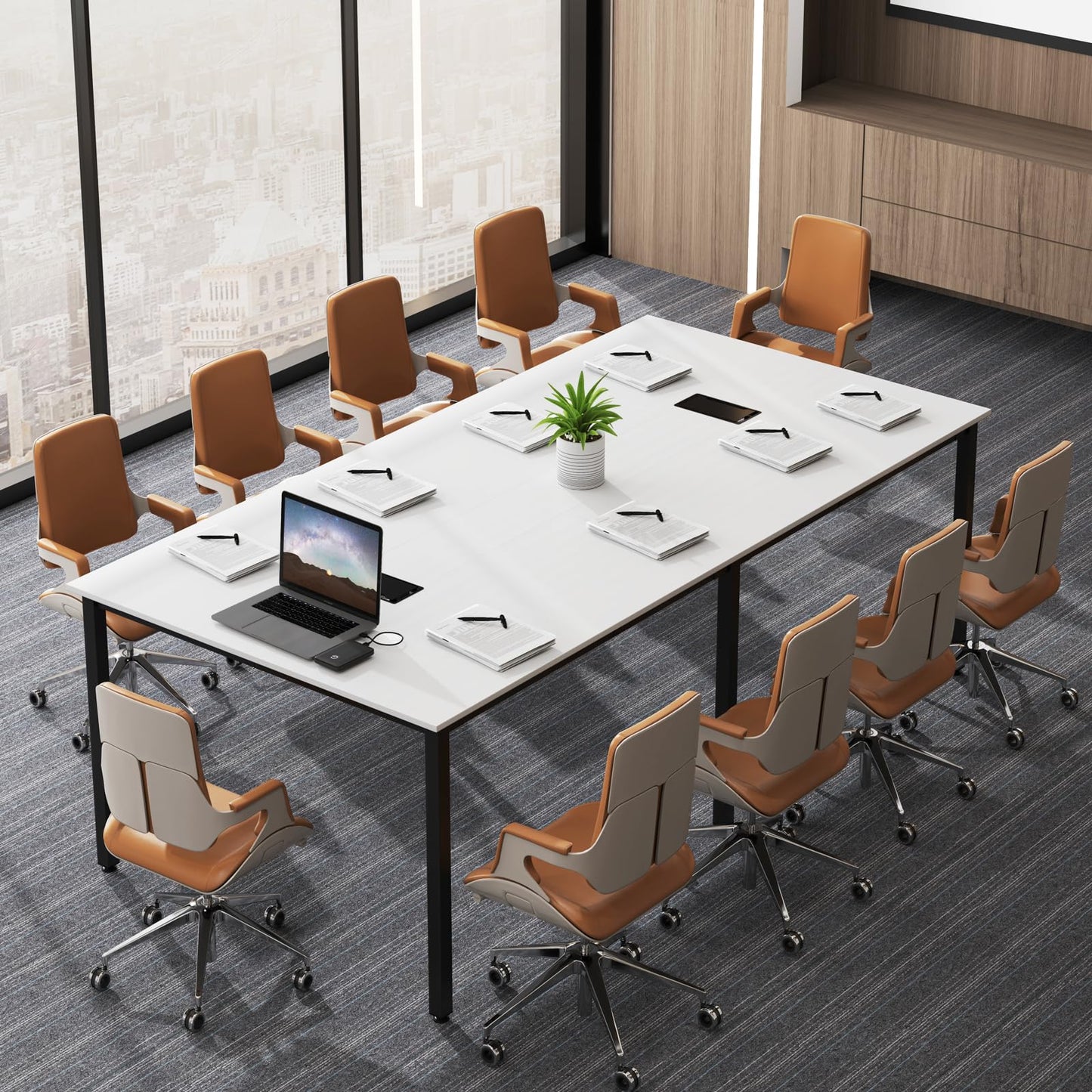Nightcore Rectangle Conference Table for 10, 8 ft Large Seminar Table with 2 Cable Grommets, Modern Industrial Office Computer Desk with Metal Legs for Boardroom, Meeting Room, White