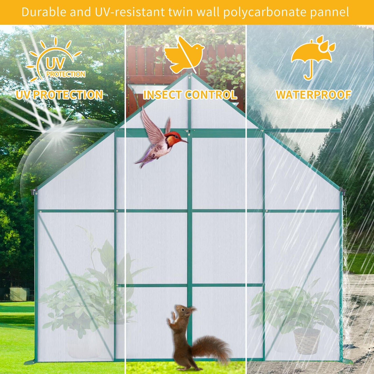 Ball & Cast 8X6 FT Greenhouse for Outdoors,Double Sliding Door Polycarbonate Raised Plant Base with Drainage System,Backyard Aluminum Heavy Duty Walk-in Green Houses w/ Adjustable Roof,Green