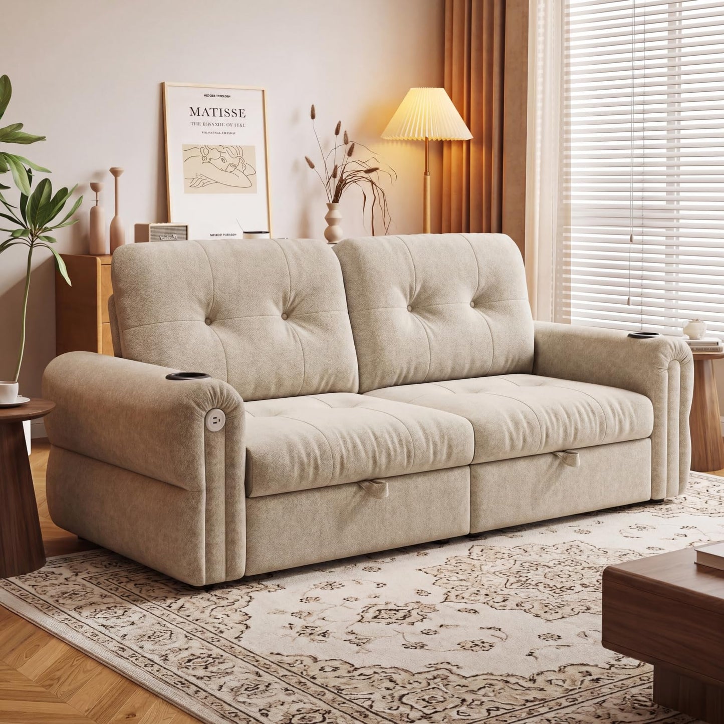 Trygoal Convertible Couches, Queen Size Pull Out Sofa Bed with USB Charging Port and Cup Holders, Plannelette Fabric Convertible Sofa Bed for Small Space, Living Room, Apartment, Guest Room, Beige