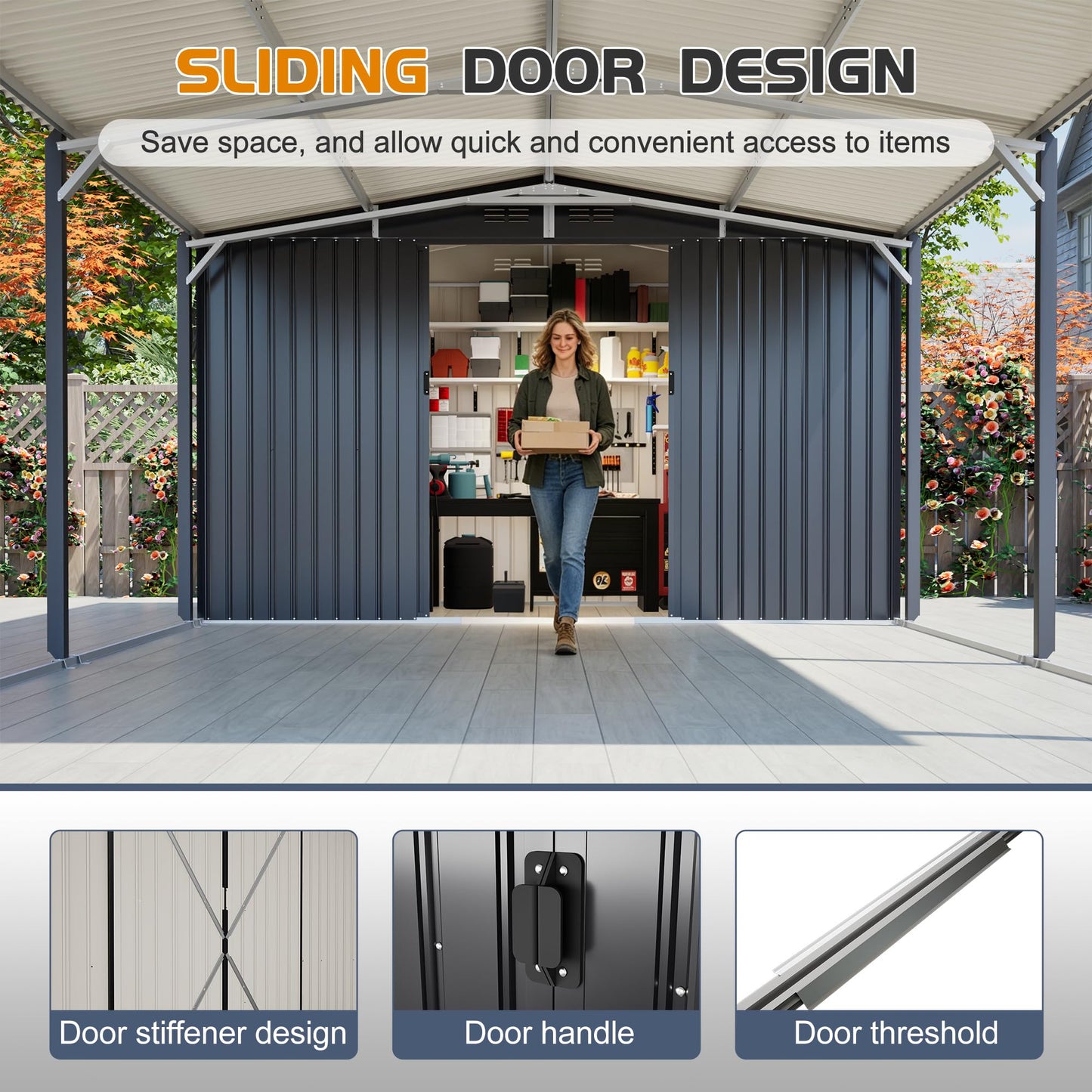 ZMAD 12'x23' Metal Carport Storage Shed, Heavy Duty Steel Garage with Sliding Door, UV Panel & Waterproof Sloped Roof, Reinforced Structure for Car Boat Tractor Farm (Grey, Style A)