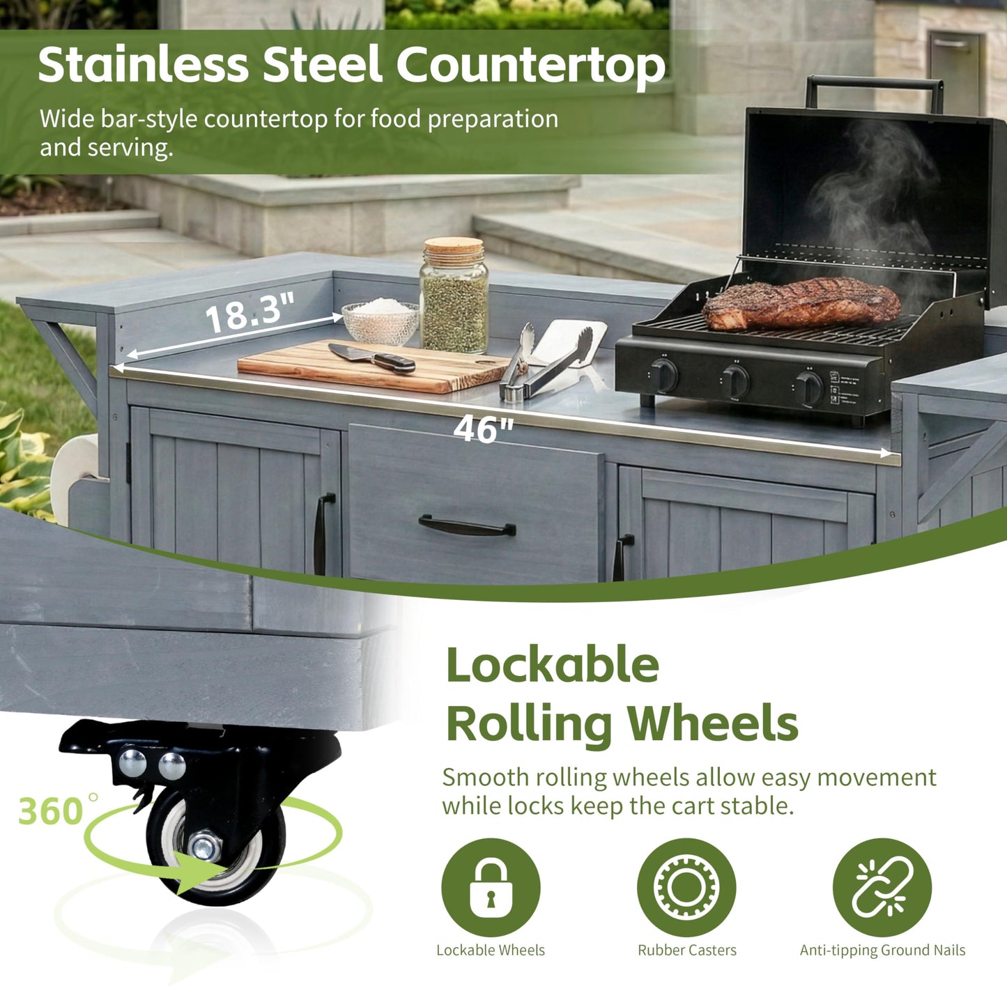 Merax 60.2''W Outdoor Kitchen Island on Wheels with Stainless Steel Top, Wood Rolling Patio Grill Cart with Storage Cabinets, Drawers, Spice Rack & Wine Rack, Outdoor Grill BBQ Prep Table, Gray