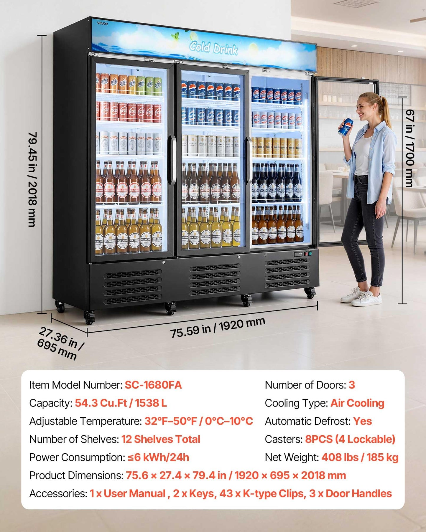 VEVOR Commercial Merchandiser Refrigerator, 54.3 Cu.Ft / 1538L Upright Beverage Cooler, 3 Glass Door Display Refrigerator with Customizable Lightbox, 12 Adjustable Shelves, Soft LED Lighting & Casters