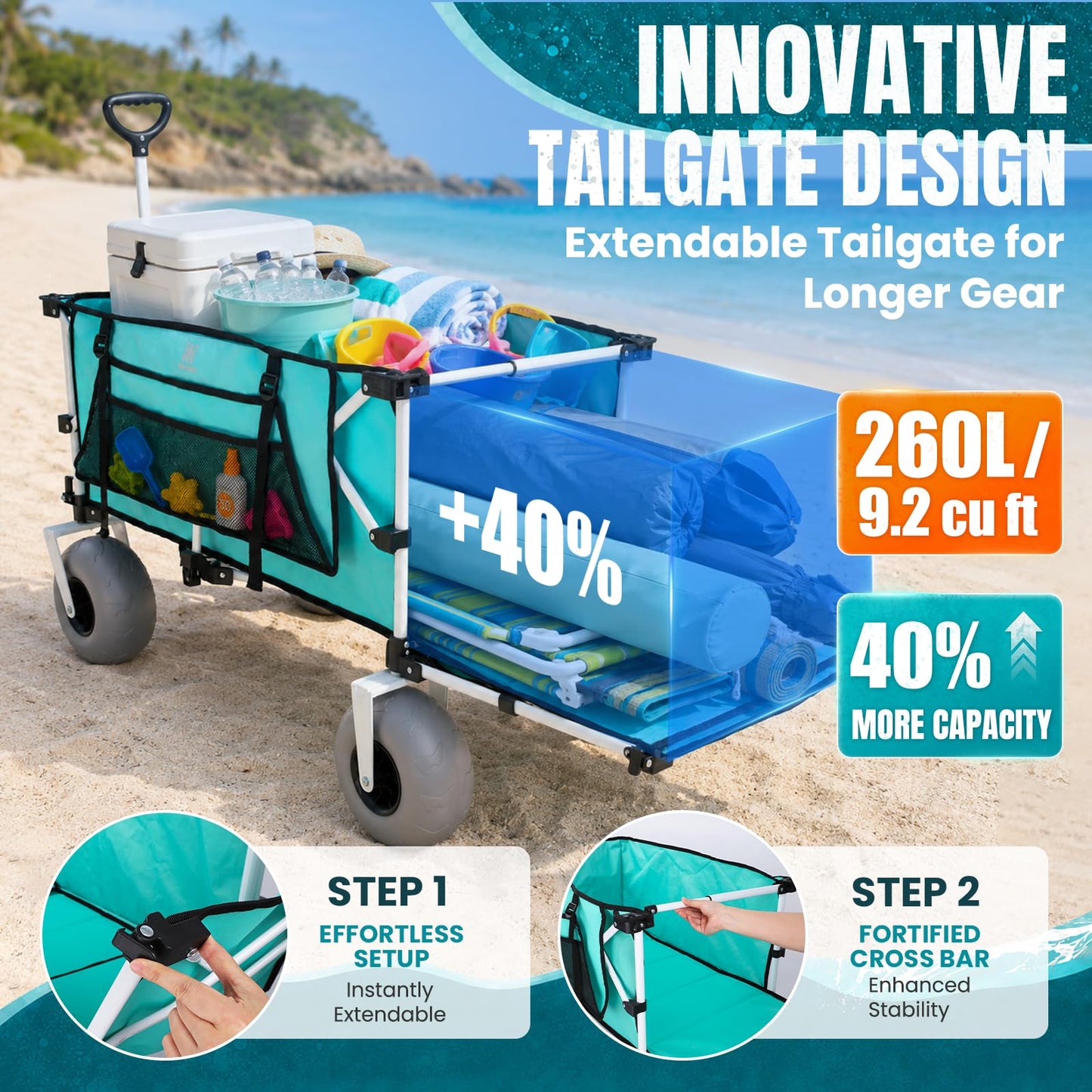 Navatiee 260L Beach Wagon with Extended Tailgate, 440lbs Heavy Duty Beach Cart with 9” Big Balloon Wheels for Sand, Collapsible Folding Wagon with Side Pocket for Outdoor, Light Blue