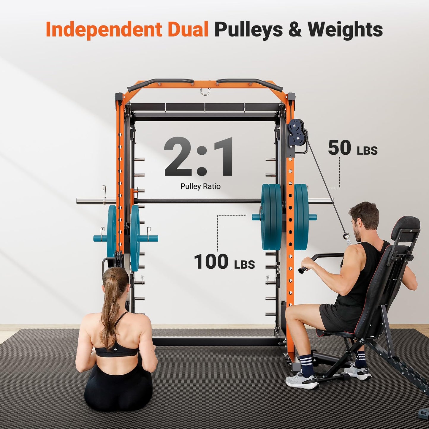 YOLEO Smith Machine with Independent Dual-Pulley System, 1700LBS Adjustable Cable Crossover Squat Rack, Multi-Functional Power Cage for Home Gym with More Workout Equipment LAT Pulldown Bar & Dip Bar