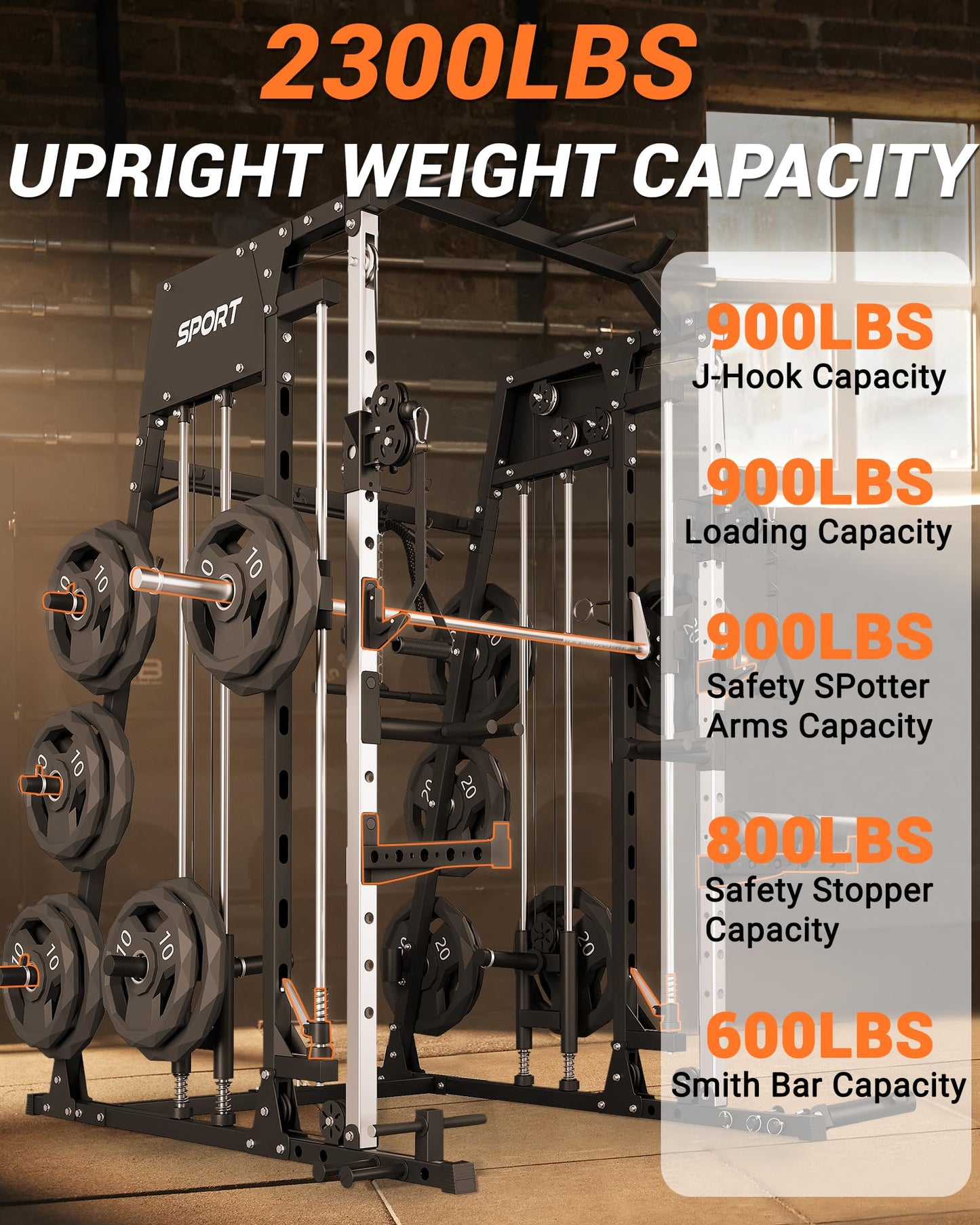 Multifunctional Smith Machine Home Gym 2200LBS Squat Rack Power Cage with LAT Pulldown, Cable Crossover System, Smith Bar, Leg Attachments, Workout Equipment