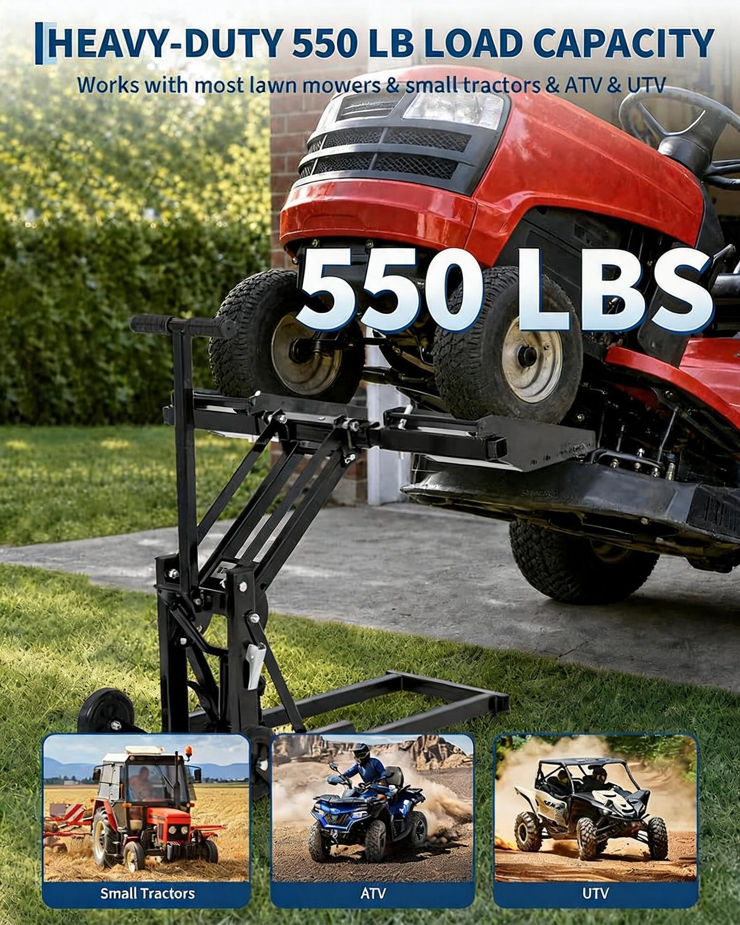Garvee Lawn Mower Lift Jack 550 Lbs Capacity, Heavy Duty Mower Jack with Pair of 1M Straps for Zero Turn and Riding Lawn Mowers, Garden Tractors Maintenance and Repair, Black