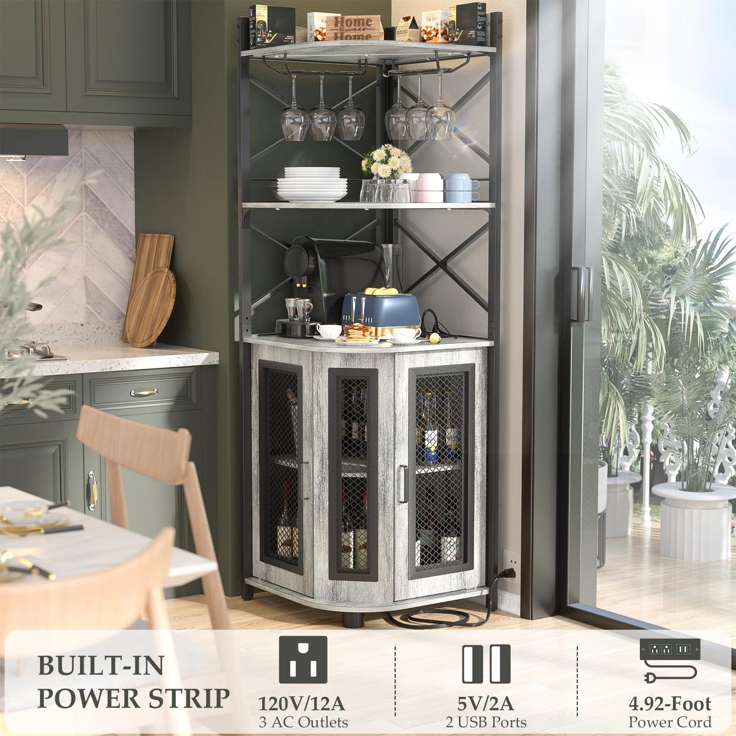 Aheaplus Corner Bar Cabinet with Power Outlet, Industrial Wine Cabinet with LED Strip and Glass Holder, 5-Tiers Liquor Cabinet Bar Unit for Home, Corner Display Cabinet for Small Space, White Oak