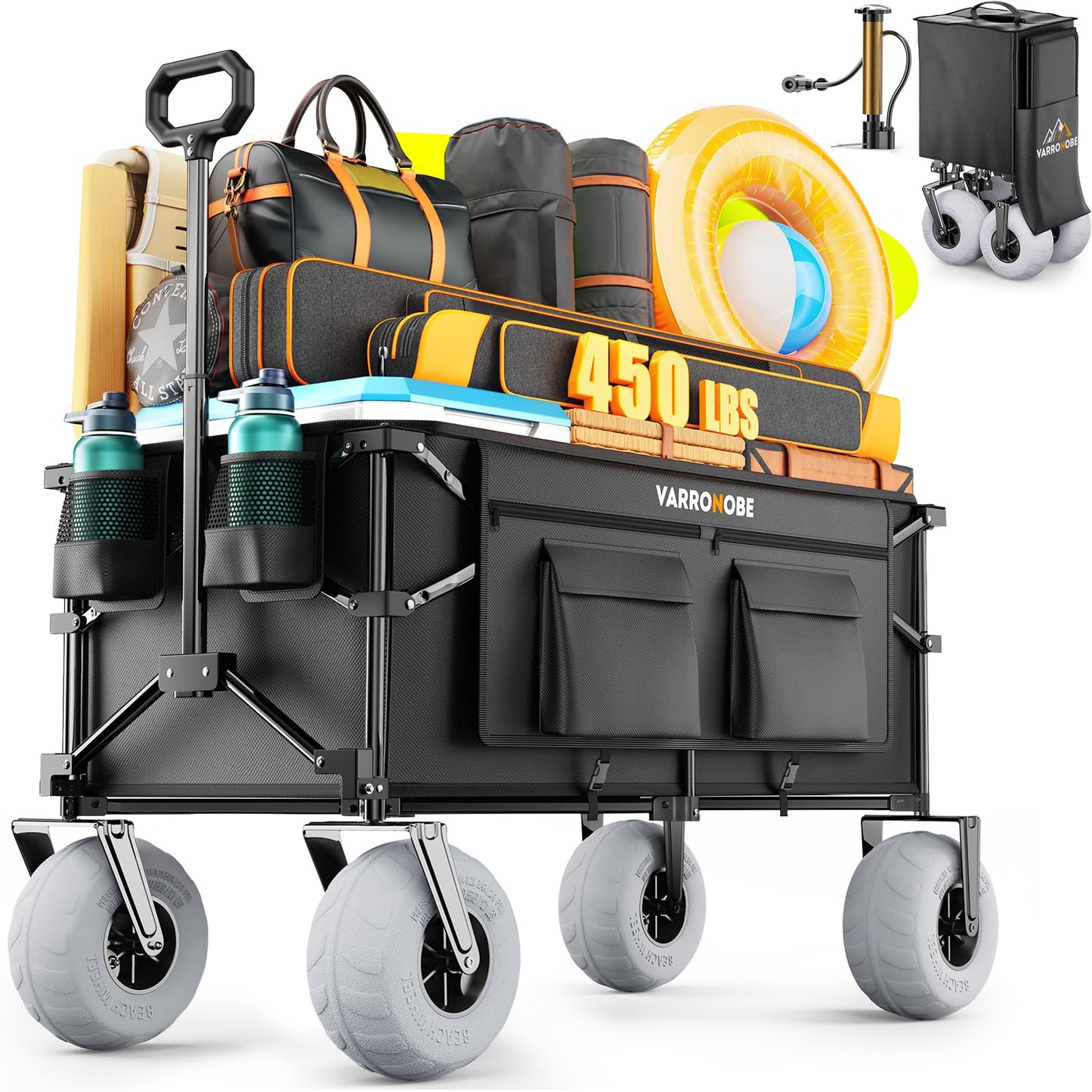 VARRONOBE Beach Wagon with Big Balloon Wheels for Sand, 240L Collapsible Wagon, 9x4 Wide Wheels, 450lbs Heavy Duty Beach Cart with Side Covers & Zipper Pockets, 600D Oxford Fabric, Black