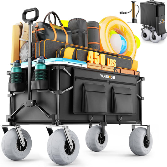 VARRONOBE Beach Wagon with Big Balloon Wheels for Sand, 240L Collapsible Wagon, 9x4 Wide Wheels, 450lbs Heavy Duty Beach Cart with Side Covers & Zipper Pockets, 600D Oxford Fabric, Black