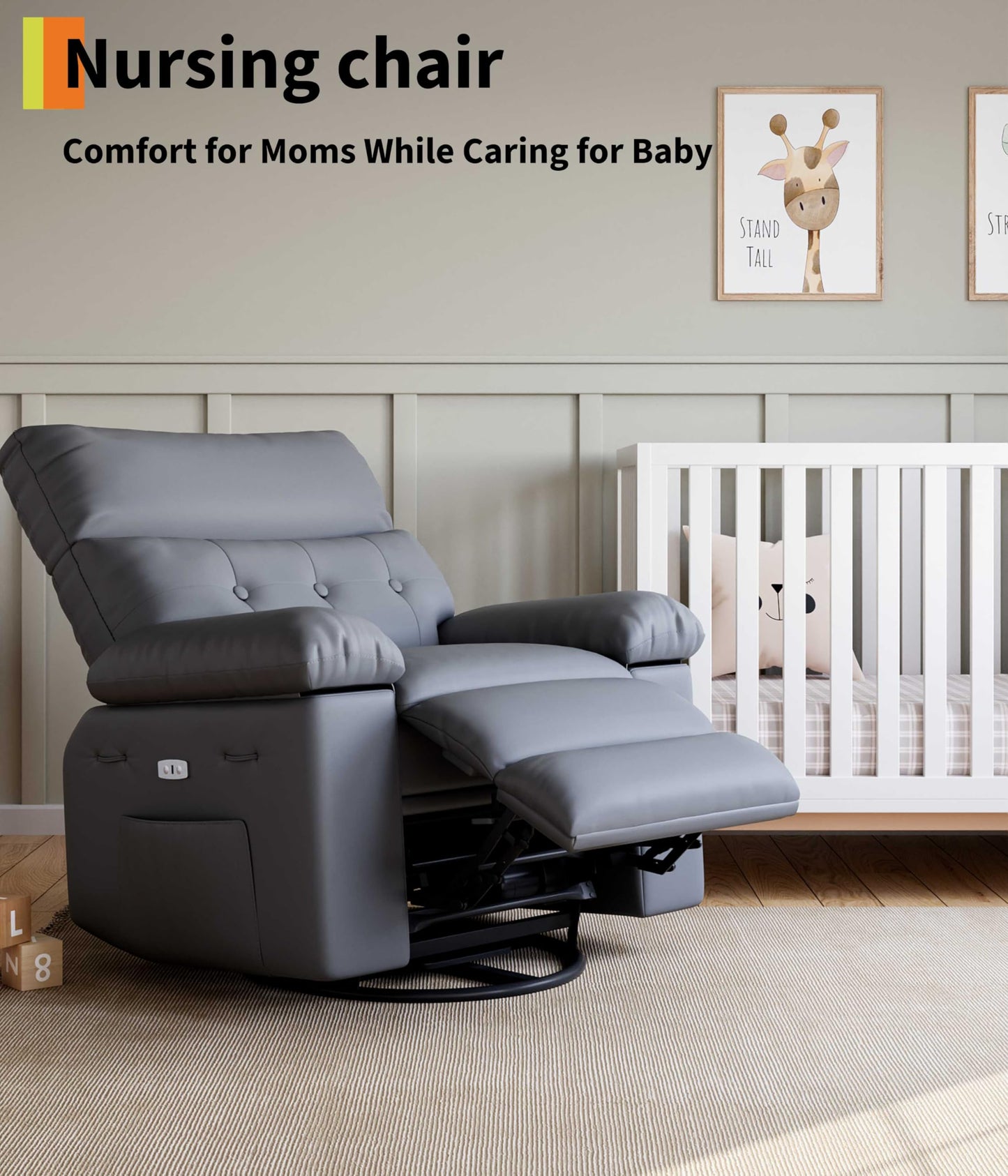 GarveeHome Oversized Power Rocker Swivel Recliner Chair - Heat and Massage, PU Leather Electric Glider Rocking Chair with USB Port, Glider Recliner Nursery Chair for Living Room, Bedroom, Nursery