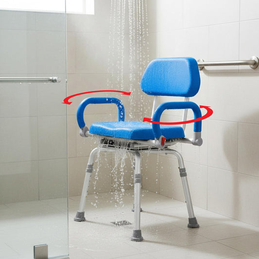 Platinum Health Revolution Pivoting Shower Chair for Bathtub, Adjustable Swivel Seat with Padded Back and Arms, Space Saving Design for Tubs, Shower, for Elderly, Handicap & Seniors, Aluminum, Blue