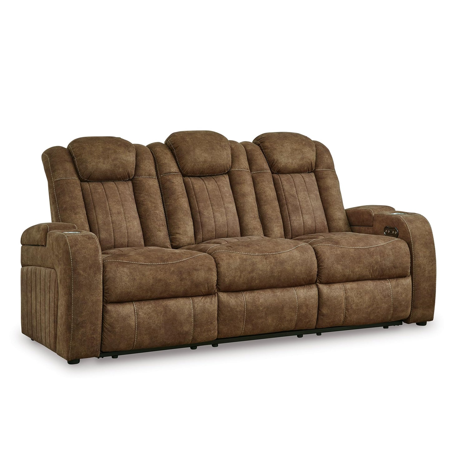 Signature Design by Ashley Wolfridge Contemporary Faux Leather Power Reclining Sofa with Drop Down Table, LED Lights, Electrical Outlet, Wireless Charging, USB Ports and Cup Holders, Light Brown