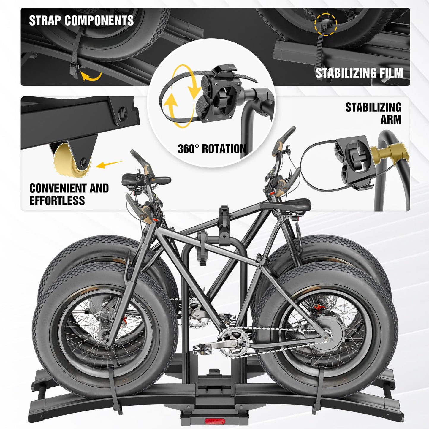 YZONA Foldable EBike Rack with Ramp for 2 Heavy Ebike, Fits 5'' Fat Tire Hitch Bike Rack, XXL Wheel Straps, Lockable & Tiltable, for Cars, SUVs, Trucks, Trailers