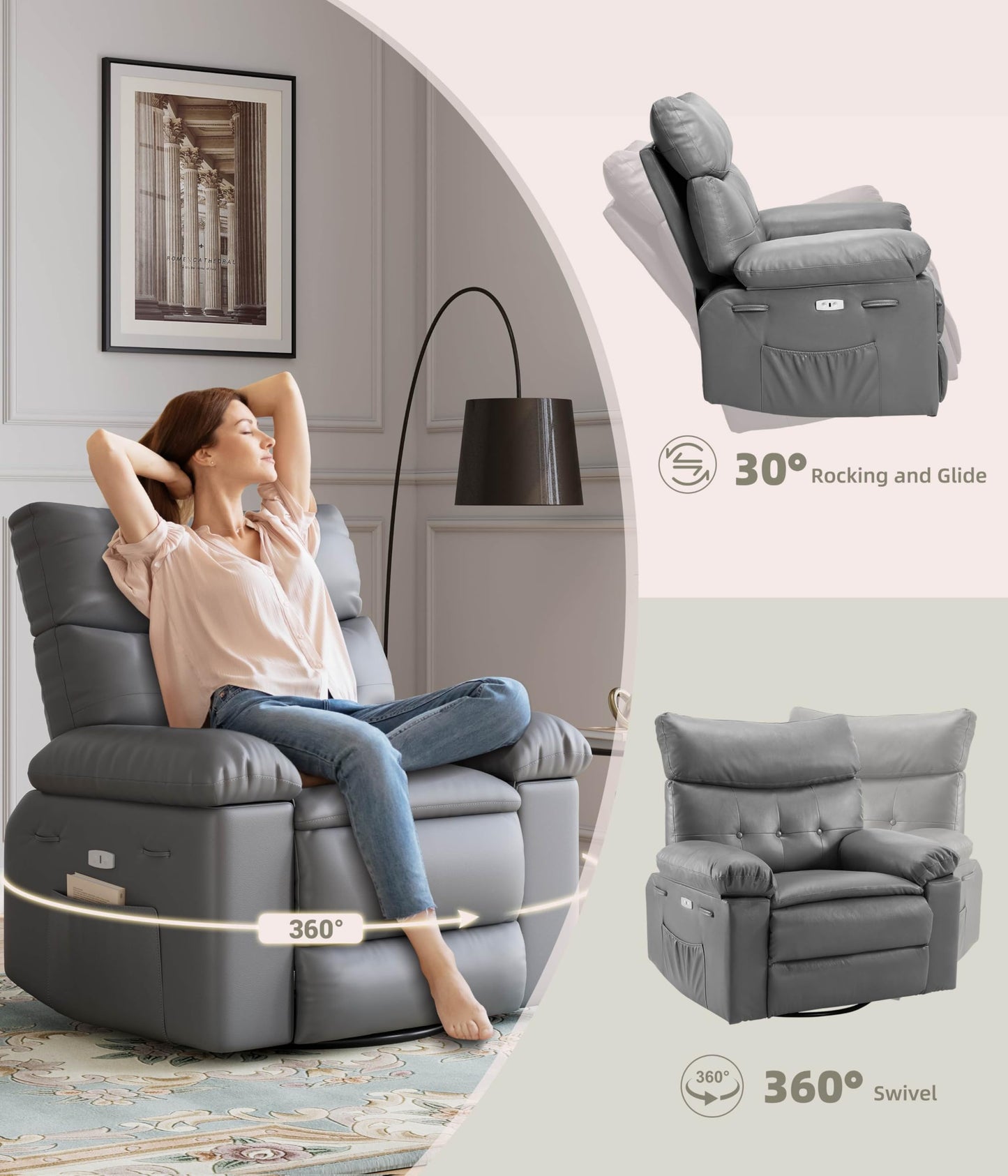 GarveeHome Oversized Power Rocker Swivel Recliner Chair - Heat and Massage, PU Leather Electric Glider Rocking Chair with USB Port, Glider Recliner Nursery Chair for Living Room, Bedroom, Nursery