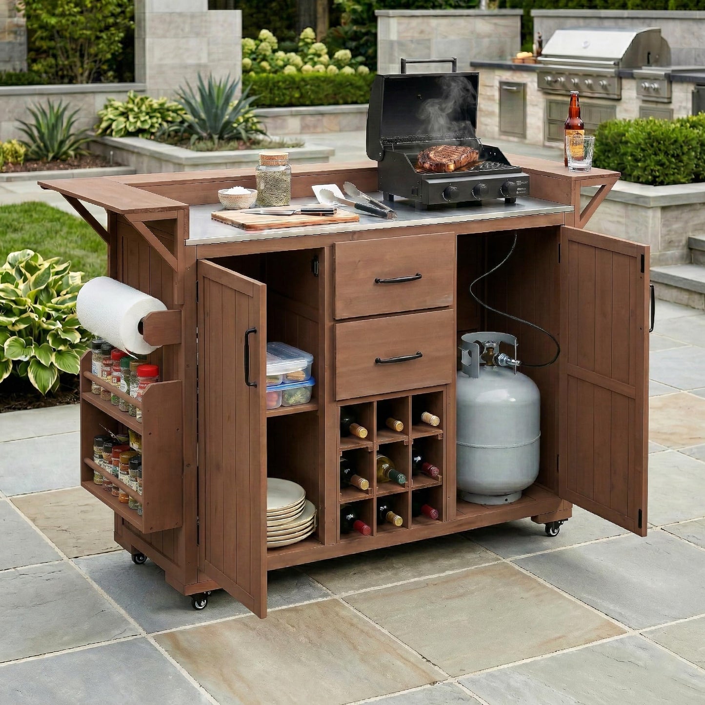 Merax 60.2''W Outdoor Kitchen Island on Wheels with Stainless Steel Top, Wood Rolling Patio Grill Cart with Storage Cabinets, Drawers, Spice Rack & Wine Rack, Outdoor Grill BBQ Prep Table, Brown