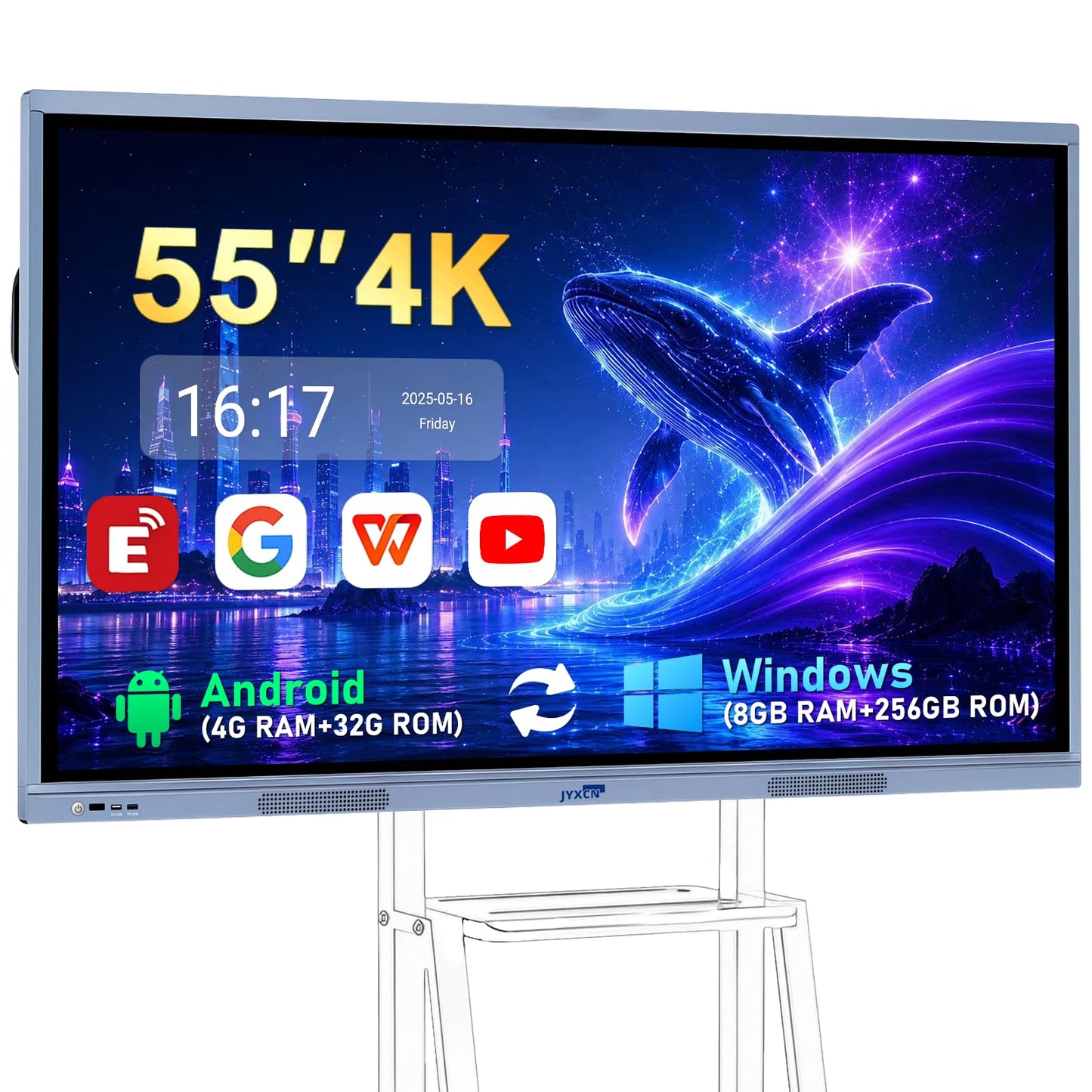 55" Smart Board, 8 + 256 GB Digital Interactive Whiteboard Display Built-in Windows10 & Android 11 Dual System with 4K Touchscreen, Electronic Smartboard for Classroom Office Home (Board Only)