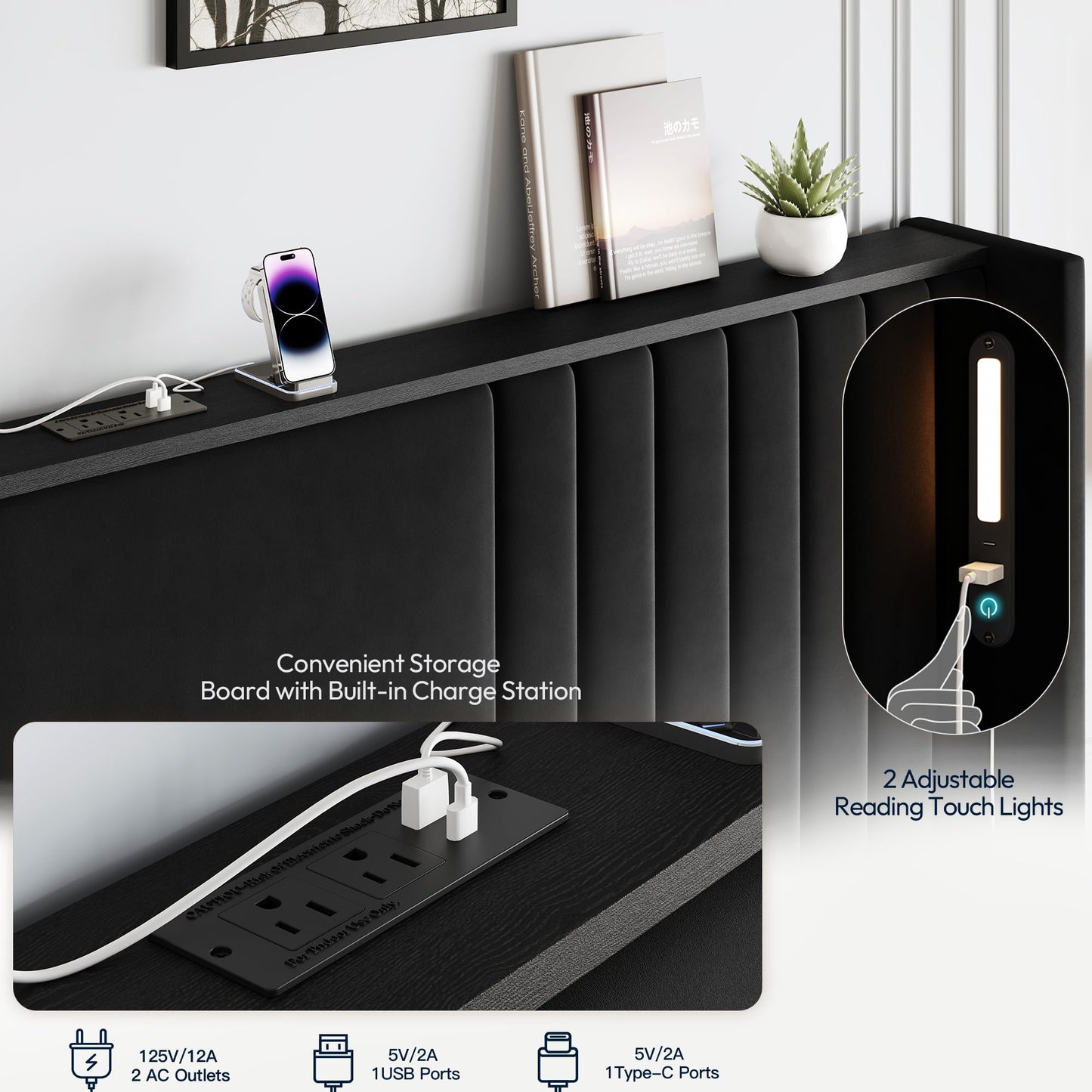 Uteeran King Size Bed Frame with 55.1" Tall Headboard, Velvet Upholstered Platform Bed with Channel Tufted Wingback, 2 Reading Lights/Storage Shelf/Charging Station/Easy Assembly/Noise-Free, Black