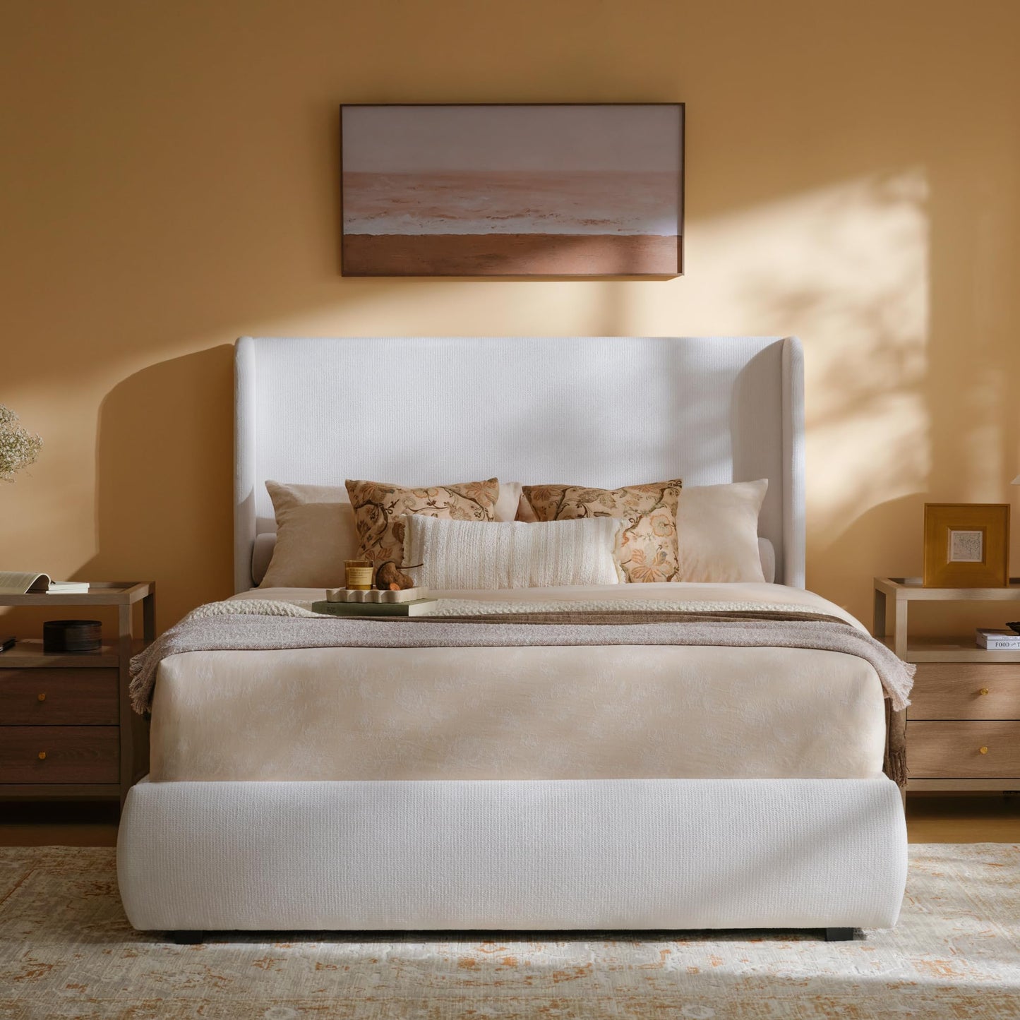 RECCI Queen Upholstered Wingback Bed Frame, 52” Tall Cushioned Headboard, Soft Edges, Low Profile Platform Bed, Sturdy Wood Slats, No Box Spring Needed, Ivory White Canvas