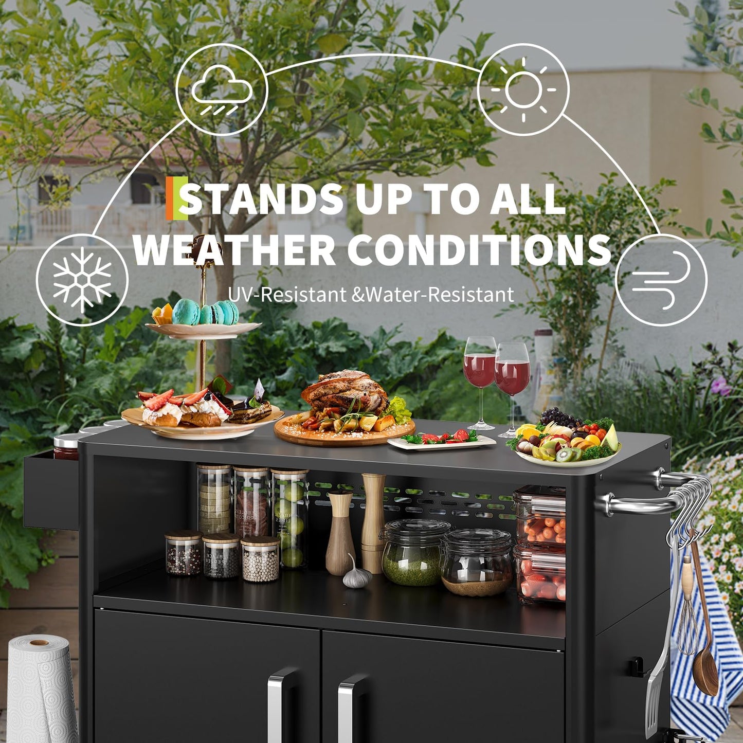 Heavy-Duty 2-Tier Outdoor Kitchen Island with Locking Wheels – 883 sq.in. Prep Space, 304 Stainless Steel Top, Magnetic Double-Door BBQ Cabinet for Grilling Table & Patio Cooking Station