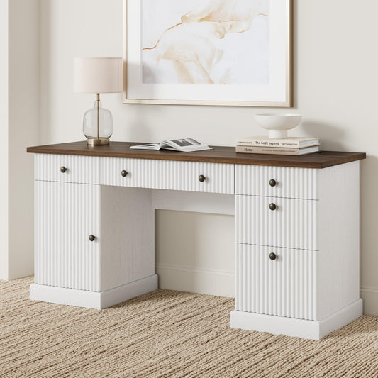 IDEALHOUSE 60 Inch Modern Executive Desk with Charging Station, USB-C/A Ports & 6.56ft Cord - Walnut & White Fluted Wood Office Desk with File Drawers, Sturdy Computer Desk for Home Office
