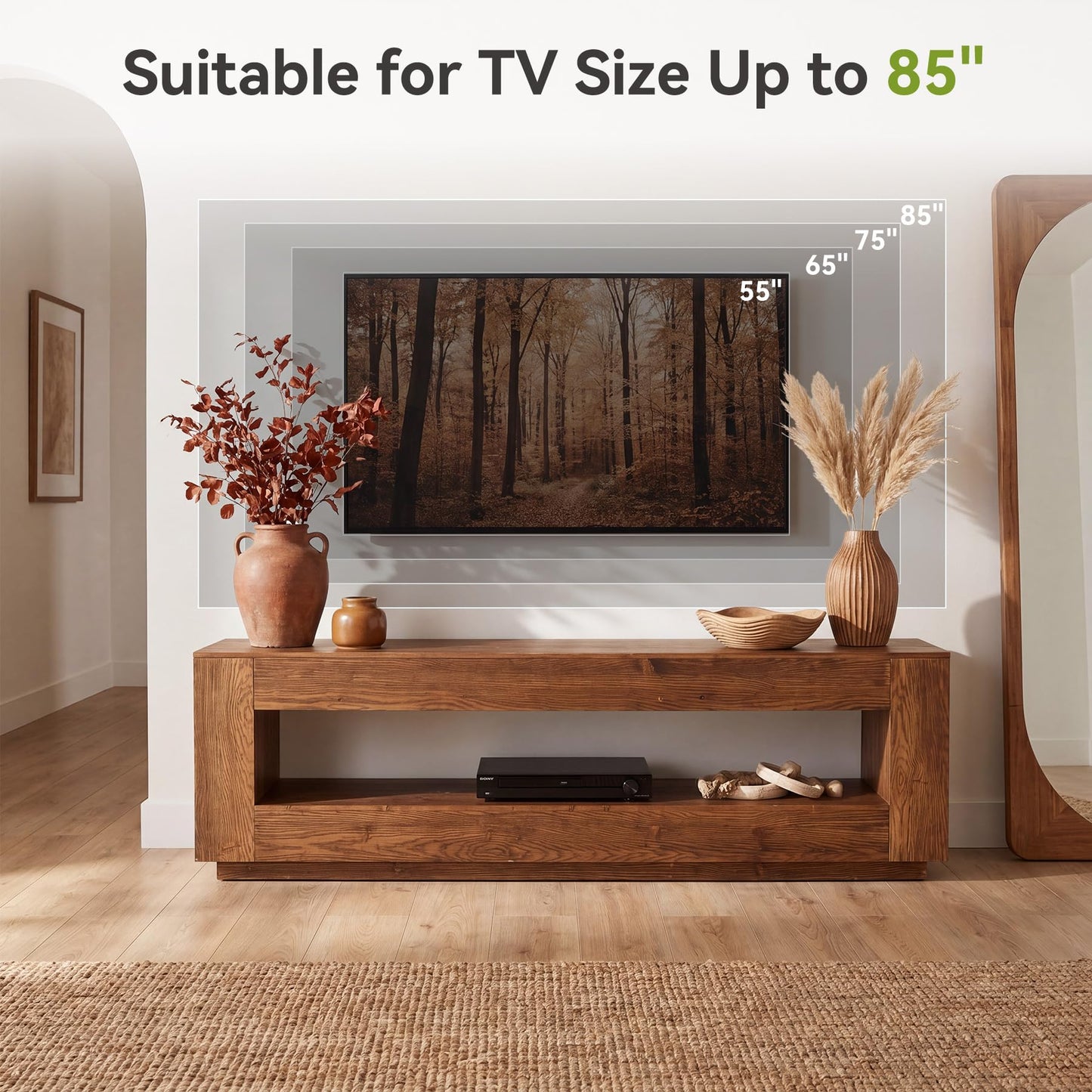 LITTLE TREE 70.86-in Extra Long Solid Wood TV Stand for 55/65/75/85 inch TVs, 2-Tier Entertainment Center, Media Console Table with Storage Shelf, TV Stands for Living Room, Bedroom, Chestnut