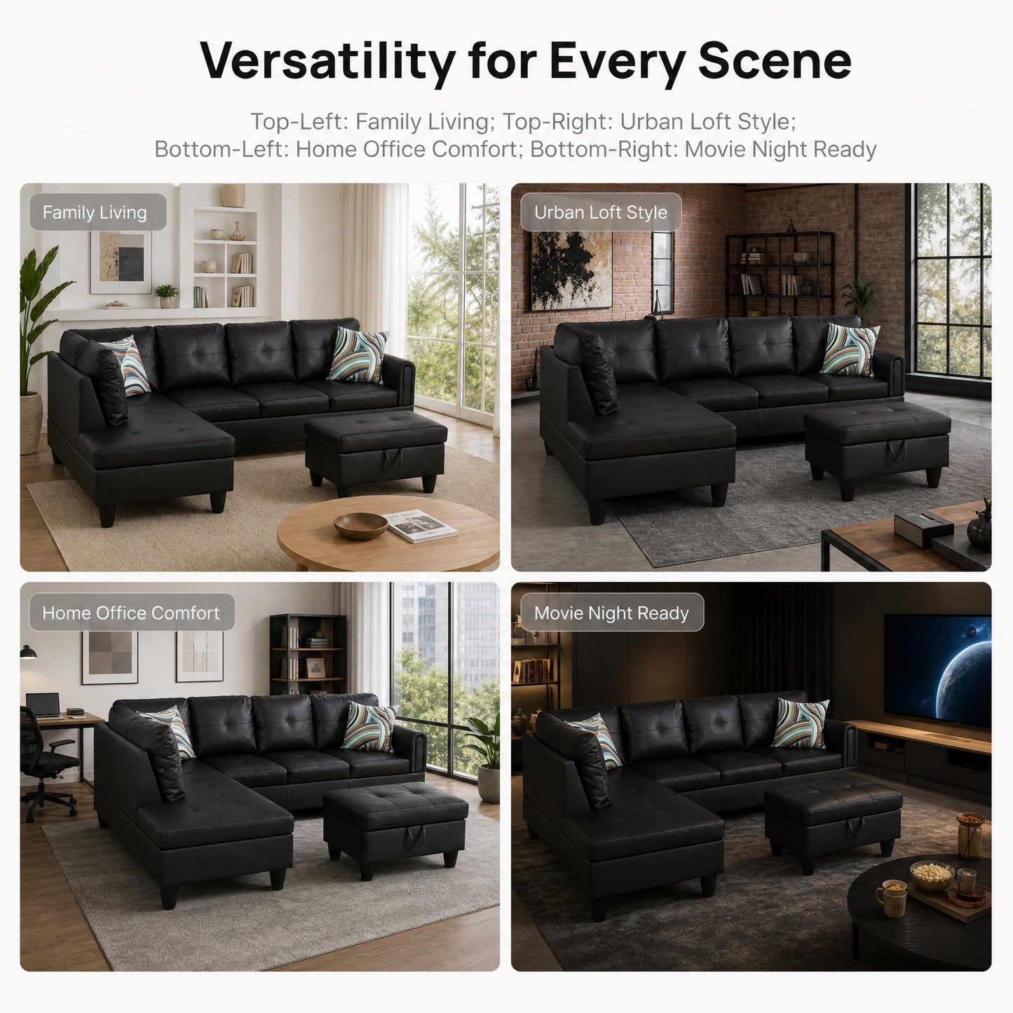 NicBex Sectional Couch 3 Pieces Sofa Set, L-Shaped Modular Couches for Living Room, Furniture Sets with Lounge Chaise & Storage Ottoman, Multi-Scene Use for Apartment & Office, Black